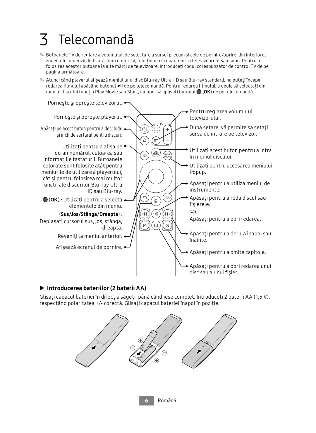 Samsung UBD-M9500/EN, UBD-M9500/ZG manual Telecomandă, Introducerea bateriilor 2 baterii AA, Sus/Jos/Stânga/Dreapta 