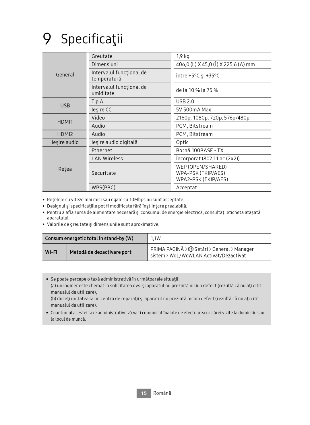 Samsung UBD-M9500/ZG, UBD-M9500/EN manual Specificaţii, Acceptat, 15 Română 