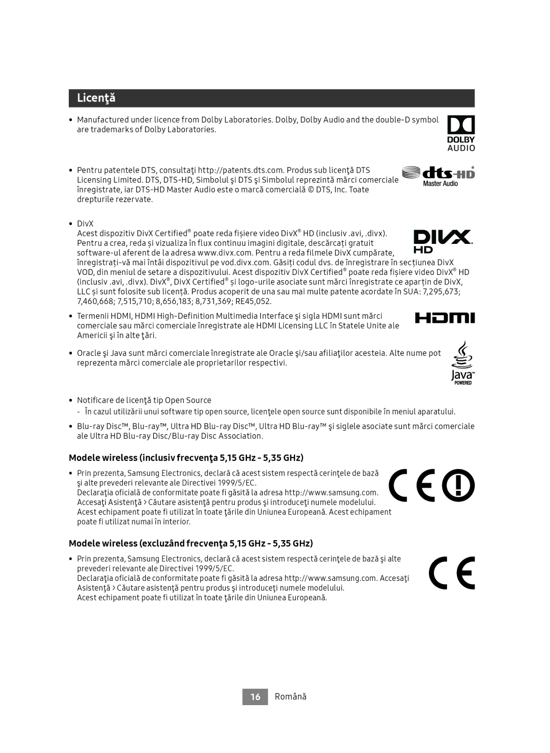 Samsung UBD-M9500/EN, UBD-M9500/ZG manual Licenţă, Modele wireless inclusiv frecvenţa 5,15 GHz 5,35 GHz, 16 Română 