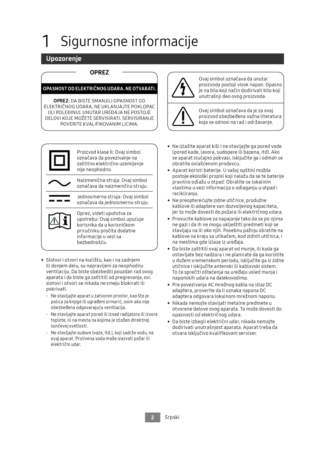 Samsung UBD-M9500/ZG, UBD-M9500/EN manual Srpski, Opasnost OD Električnog UDARA. NE Otvarati 