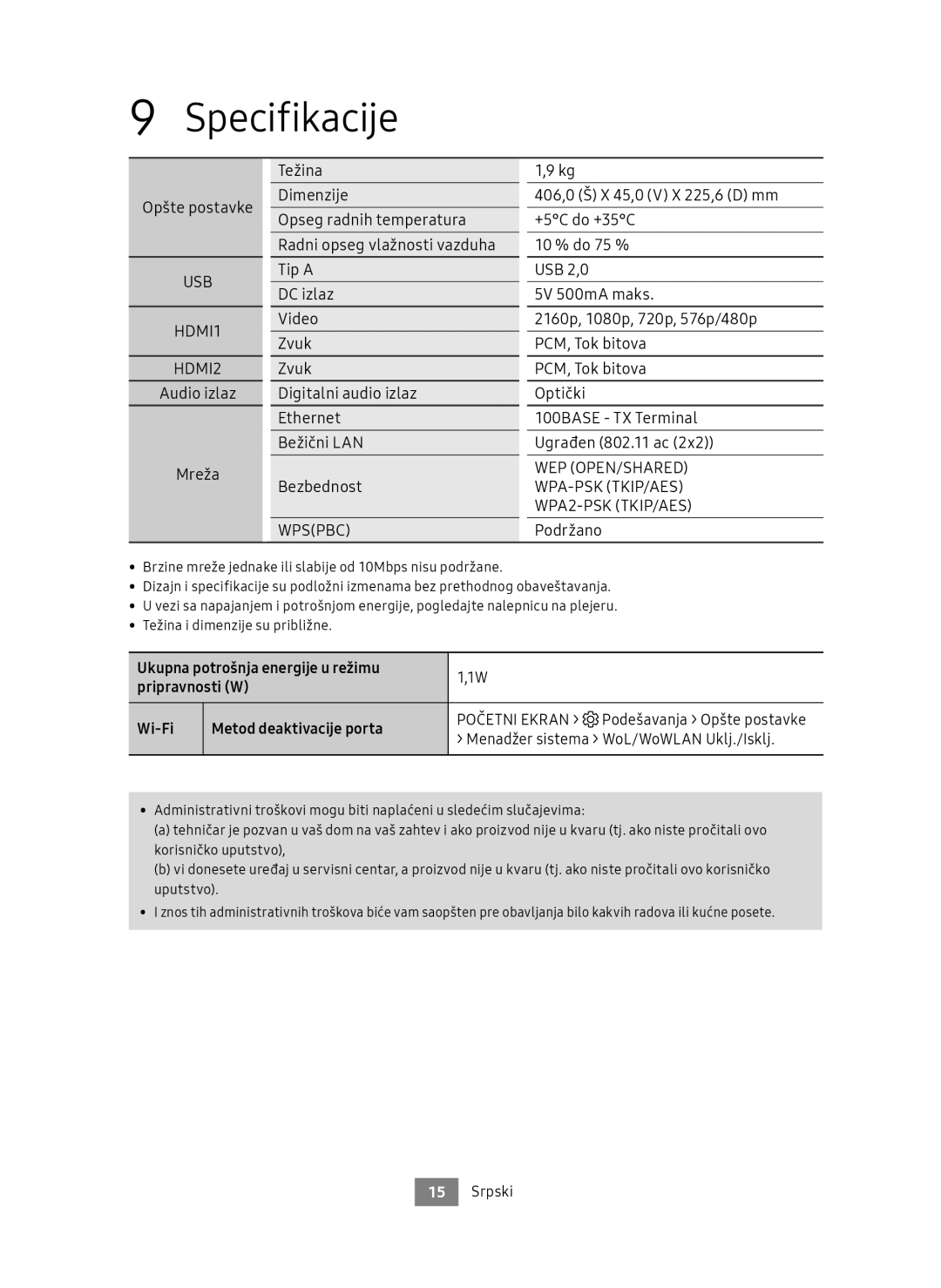 Samsung UBD-M9500/EN, UBD-M9500/ZG manual Specifikacije, Opšte postavke 