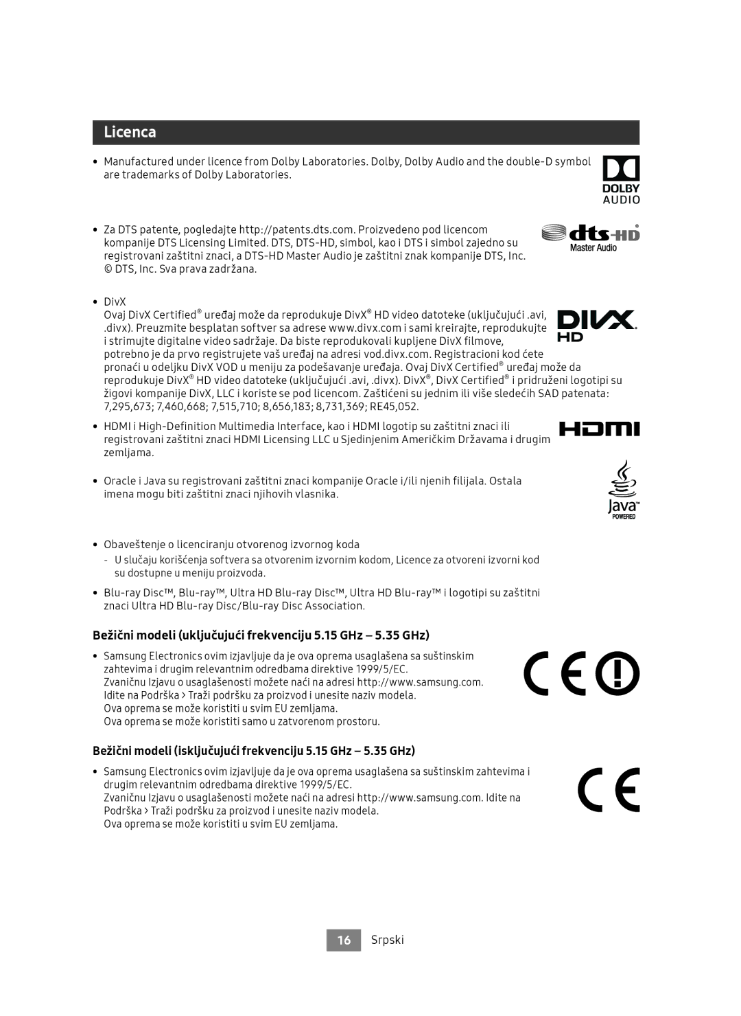 Samsung UBD-M9500/ZG, UBD-M9500/EN manual Bežični modeli uključujući frekvenciju 5.15 GHz 5.35 GHz 