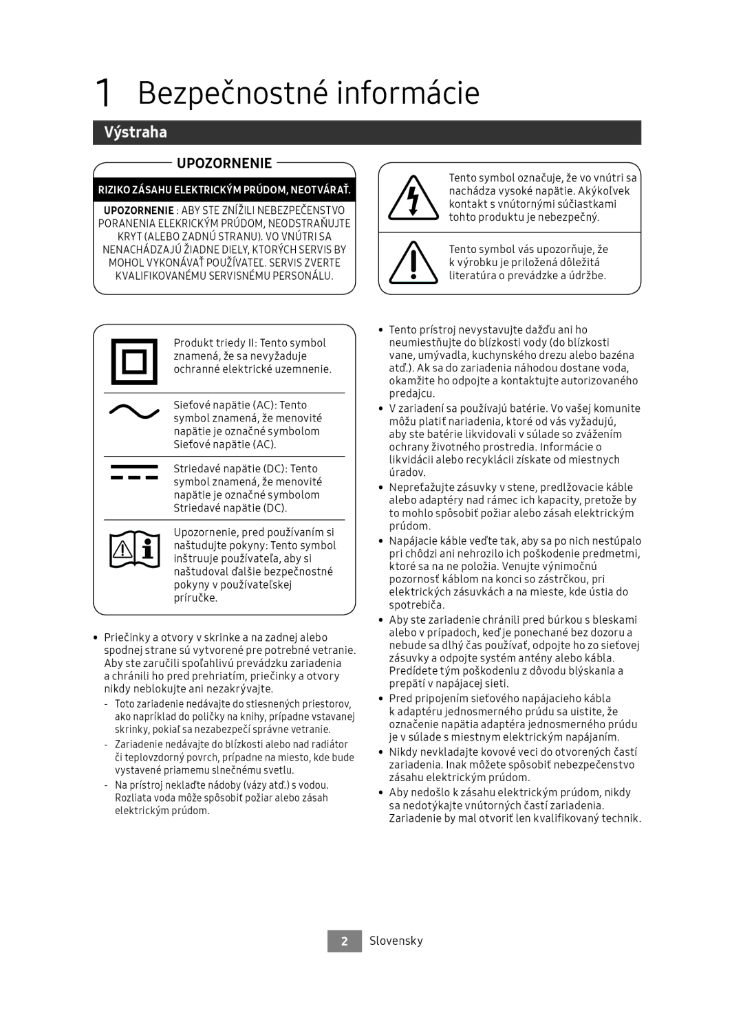 Samsung UBD-M9500/EN, UBD-M9500/ZG manual Bezpečnostné informácie, Výstraha, Slovensky 