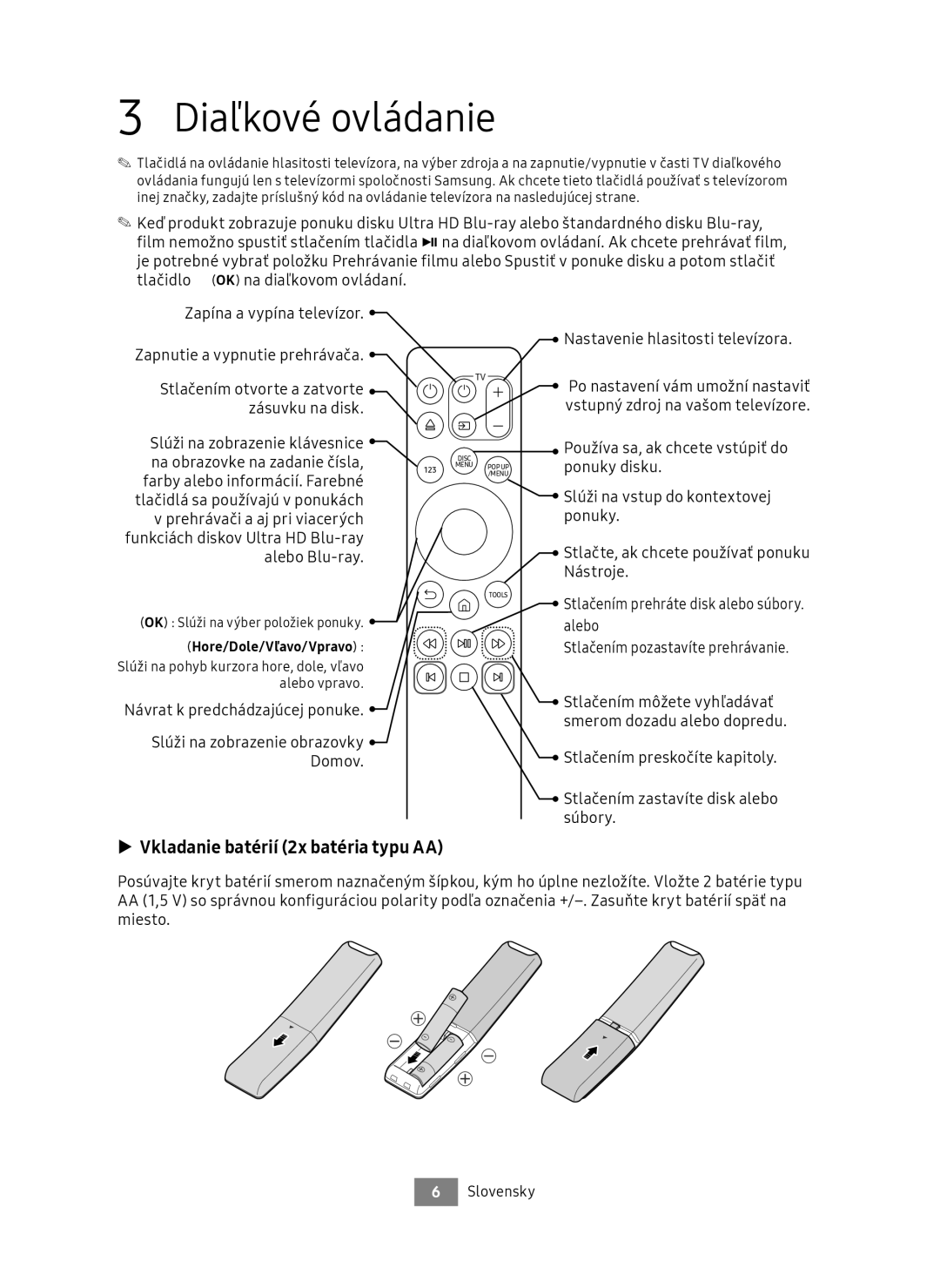 Samsung UBD-M9500/EN, UBD-M9500/ZG manual Diaľkové ovládanie, Vkladanie batérií 2x batéria typu AA 