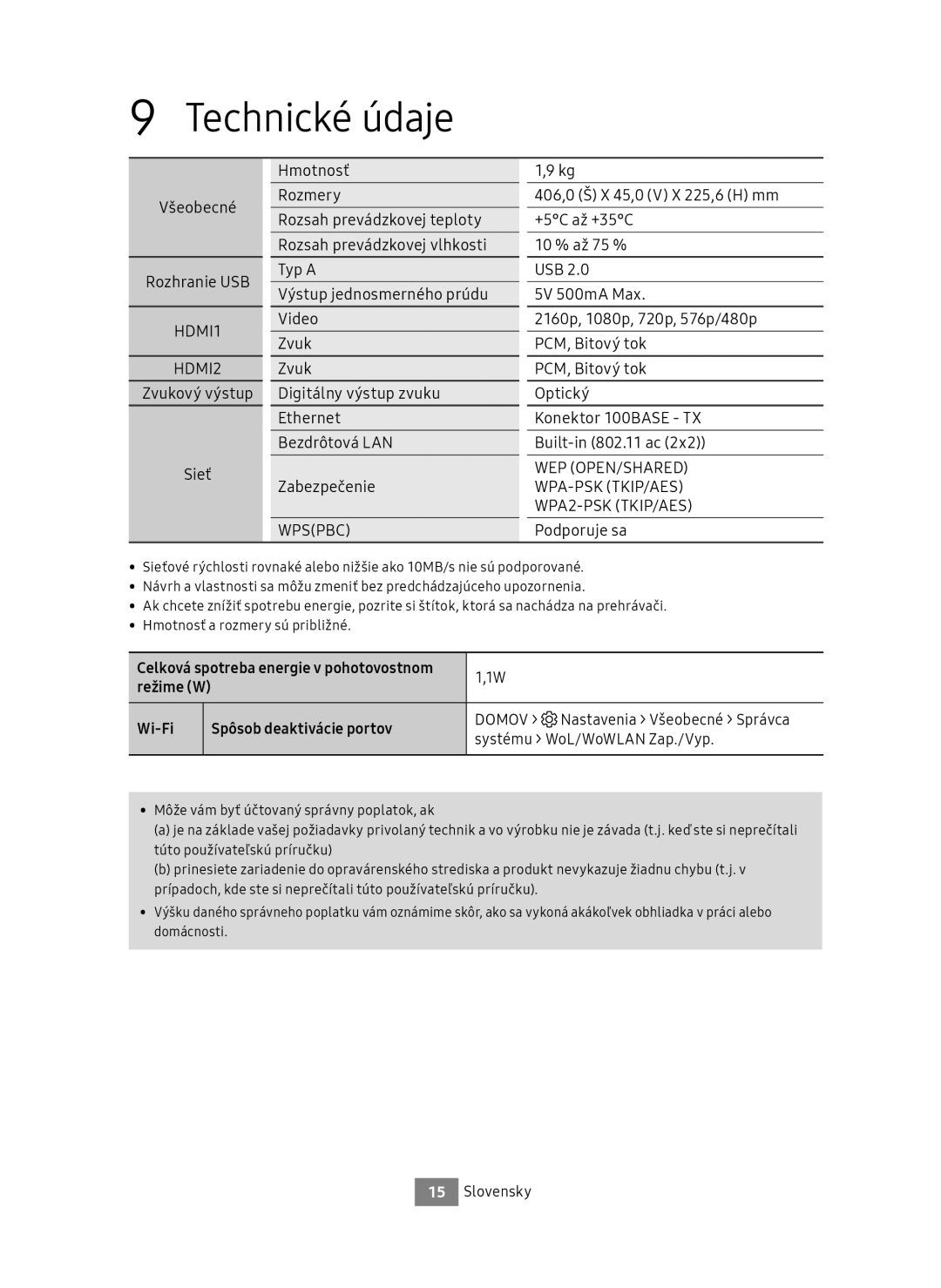 Samsung UBD-M9500/ZG Všeobecné Rozhranie USB, Podporuje sa, Wi-Fi Spôsob deaktivácie portov, Systému WoL/WoWLAN Zap./Vyp 