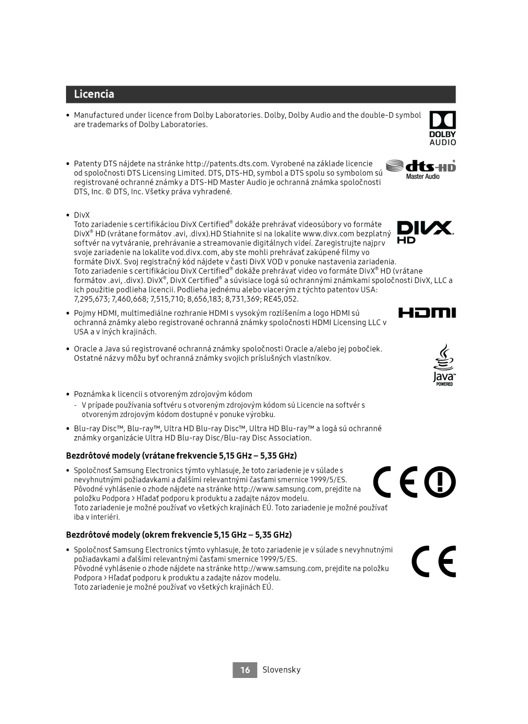 Samsung UBD-M9500/EN, UBD-M9500/ZG manual Licencia, Bezdrôtové modely vrátane frekvencie 5,15 GHz 5,35 GHz 