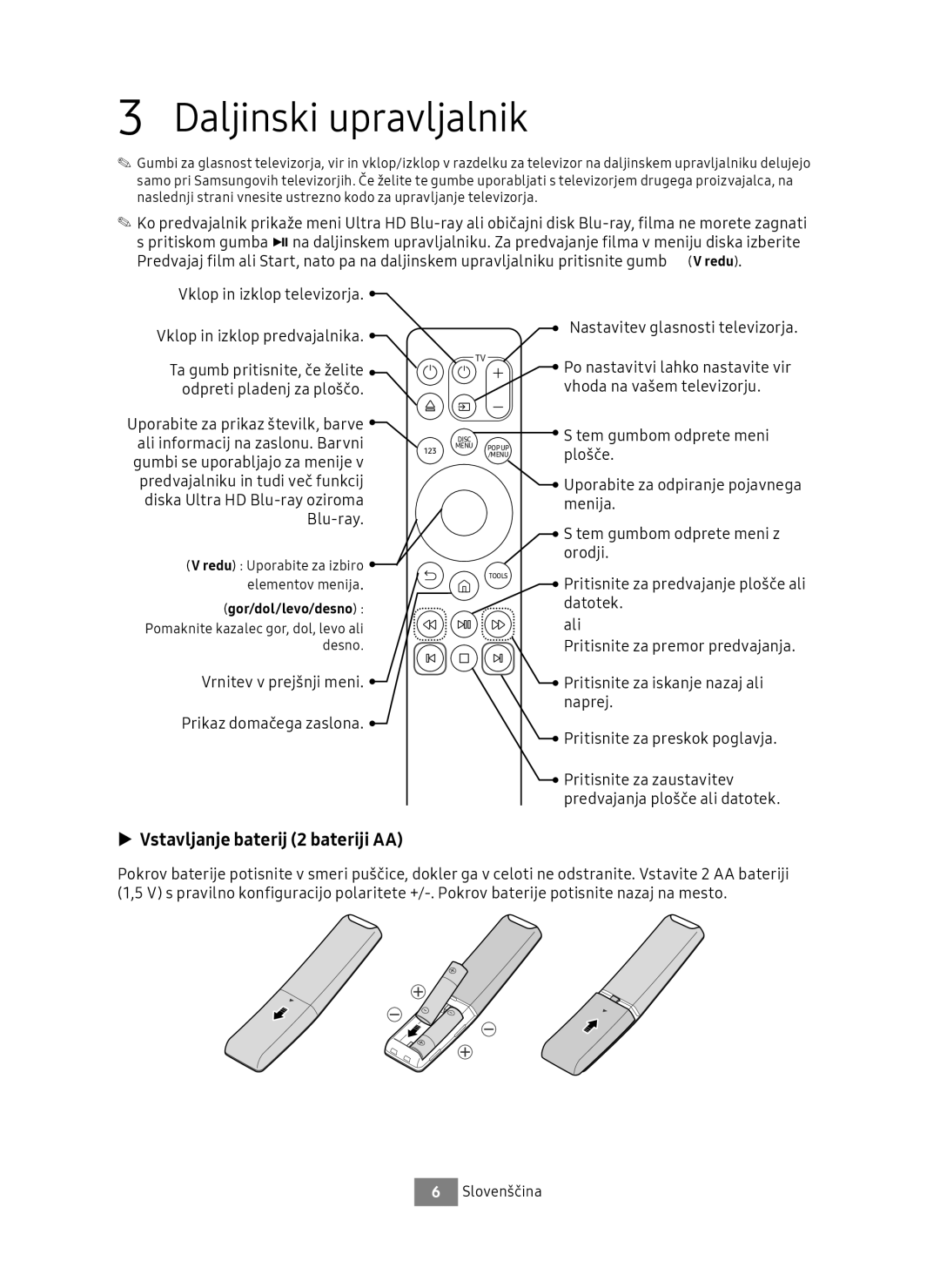Samsung UBD-M9500/ZG, UBD-M9500/EN manual Daljinski upravljalnik, Vstavljanje baterij 2 bateriji AA 