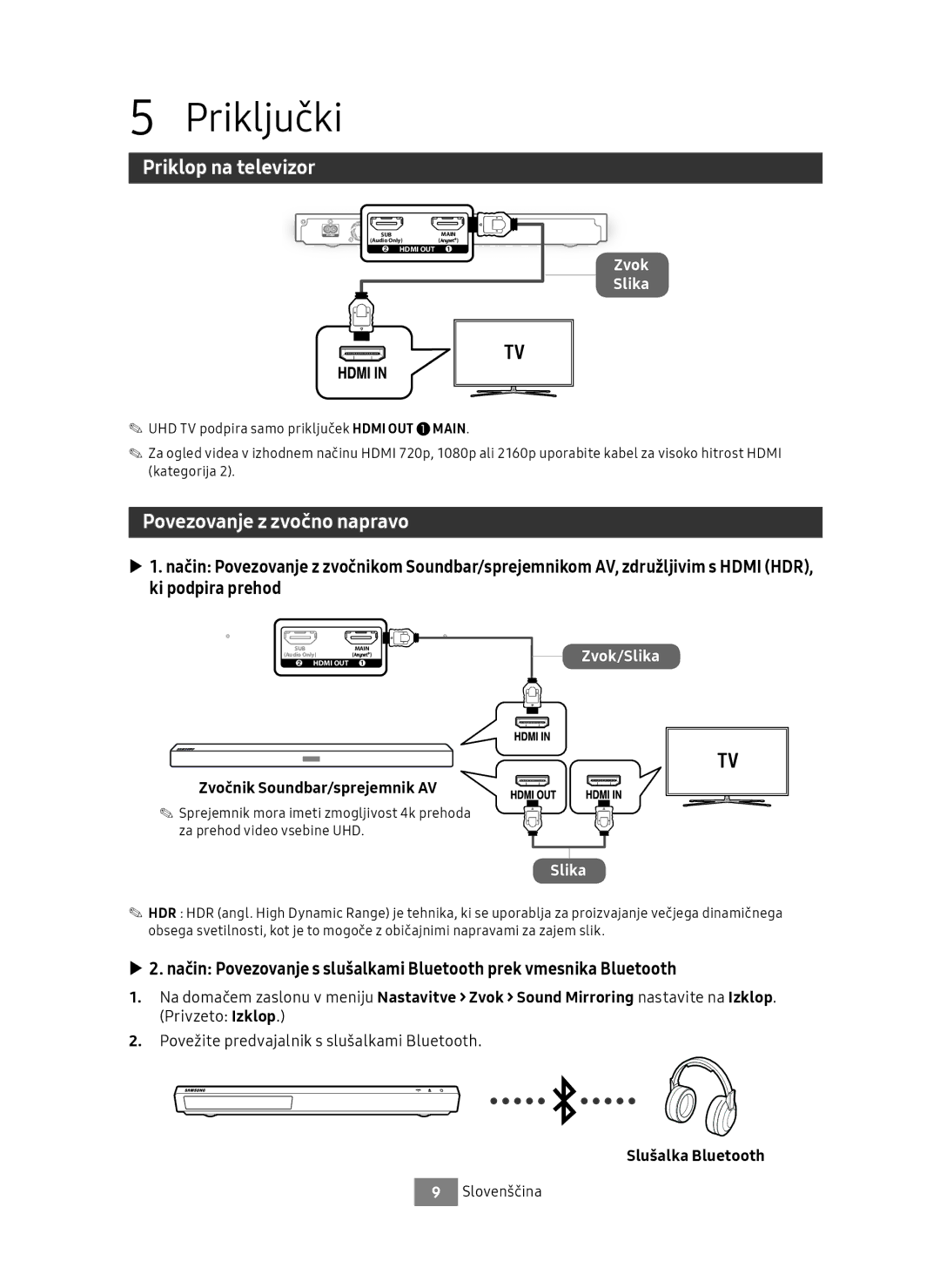 Samsung UBD-M9500/EN manual Priključki, Priklop na televizor, Povezovanje z zvočno napravo, Zvočnik Soundbar/sprejemnik AV 