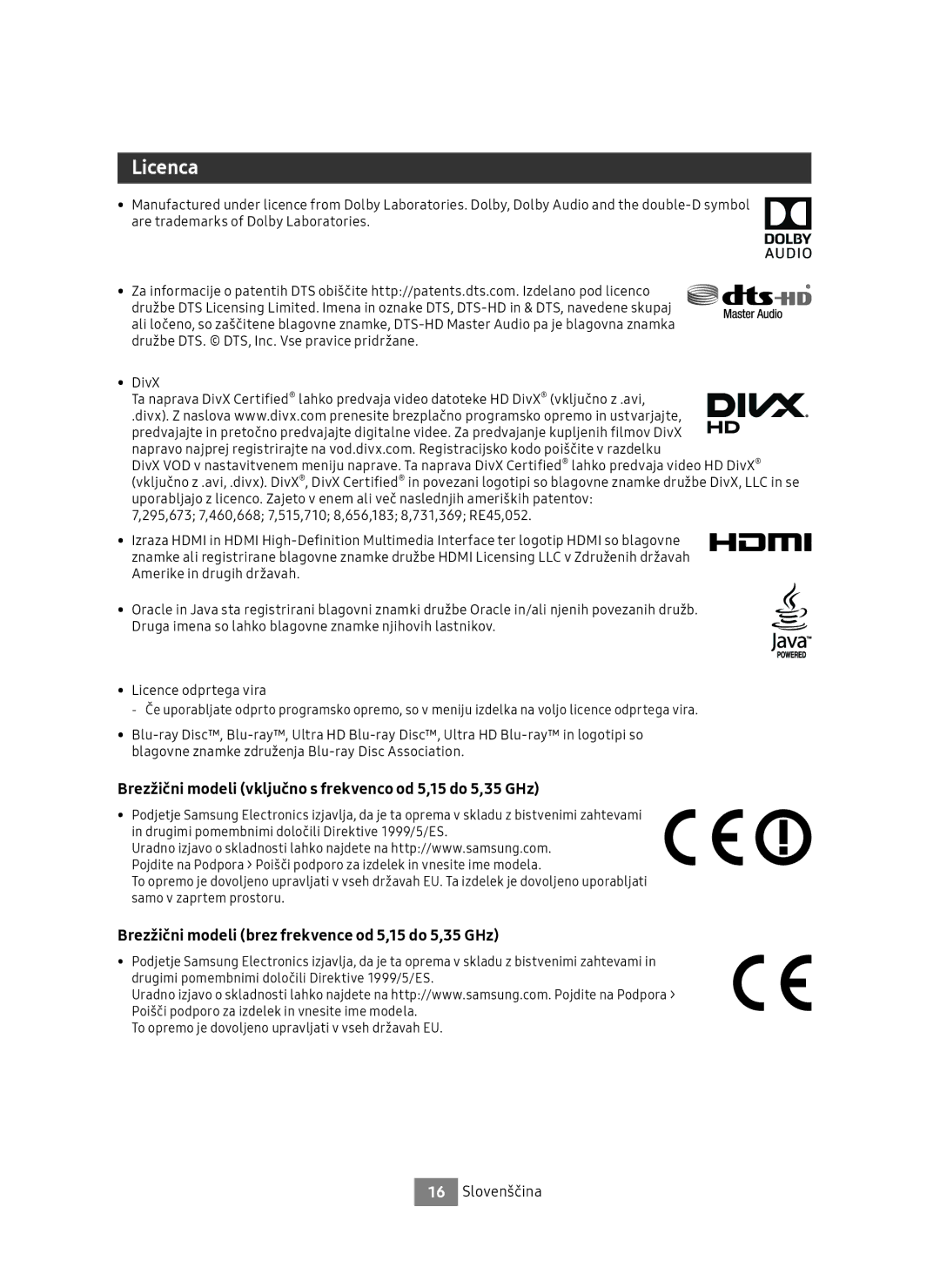 Samsung UBD-M9500/ZG, UBD-M9500/EN manual Brezžični modeli vključno s frekvenco od 5,15 do 5,35 GHz 