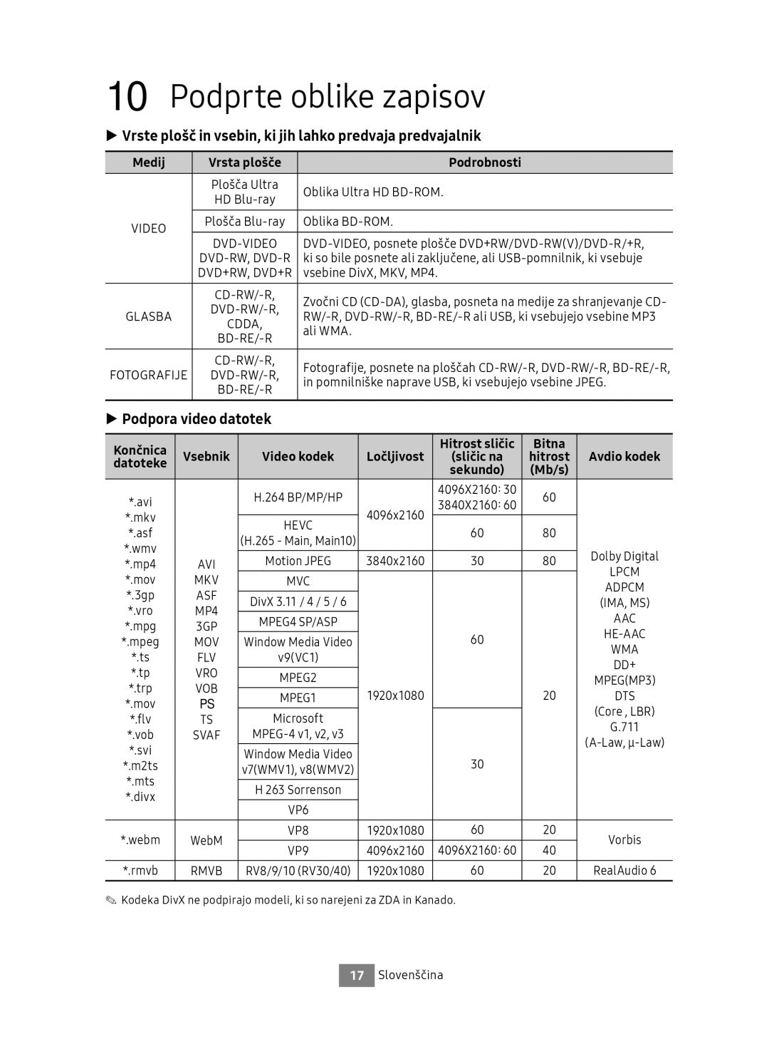 Samsung UBD-M9500/EN, UBD-M9500/ZG manual Podprte oblike zapisov, Vrste plošč in vsebin, ki jih lahko predvaja predvajalnik 