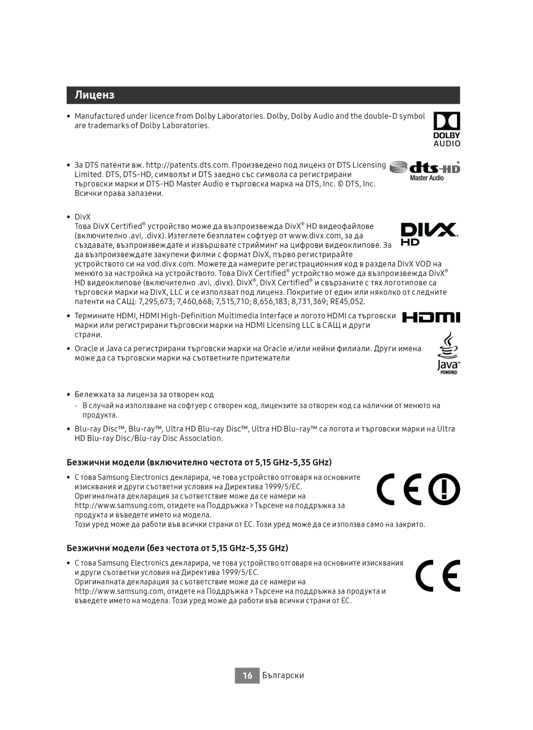 Samsung UBD-M9500/ZG, UBD-M9500/EN manual Лиценз, Безжични модели включително честота от 5,15 GHz-5,35 GHz, 16 Български 