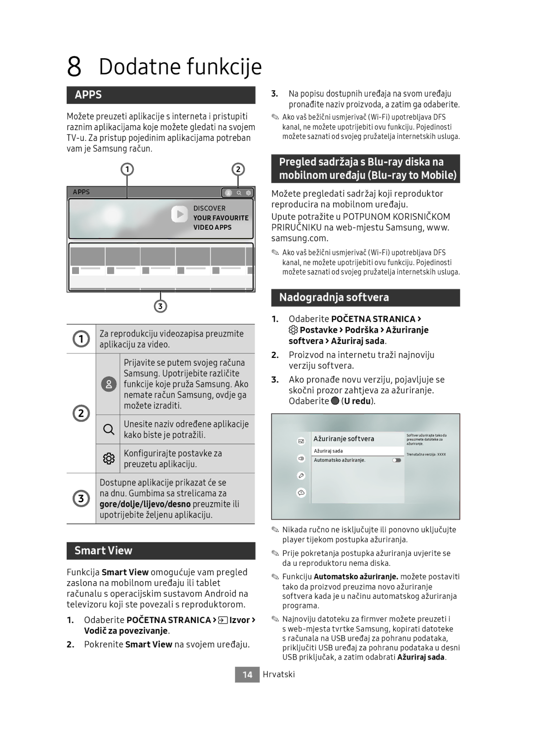 Samsung UBD-M9500/EN manual Dodatne funkcije, Nadogradnja softvera, Odaberite Početna Stranica Izvor Vodič za povezivanje 