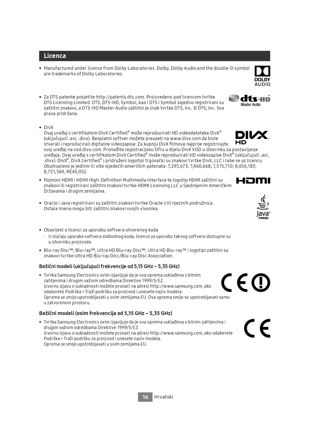 Samsung UBD-M9500/EN, UBD-M9500/ZG manual Licenca, Bežični modeli uključujući frekvencije od 5,15 GHz 5,35 GHz 