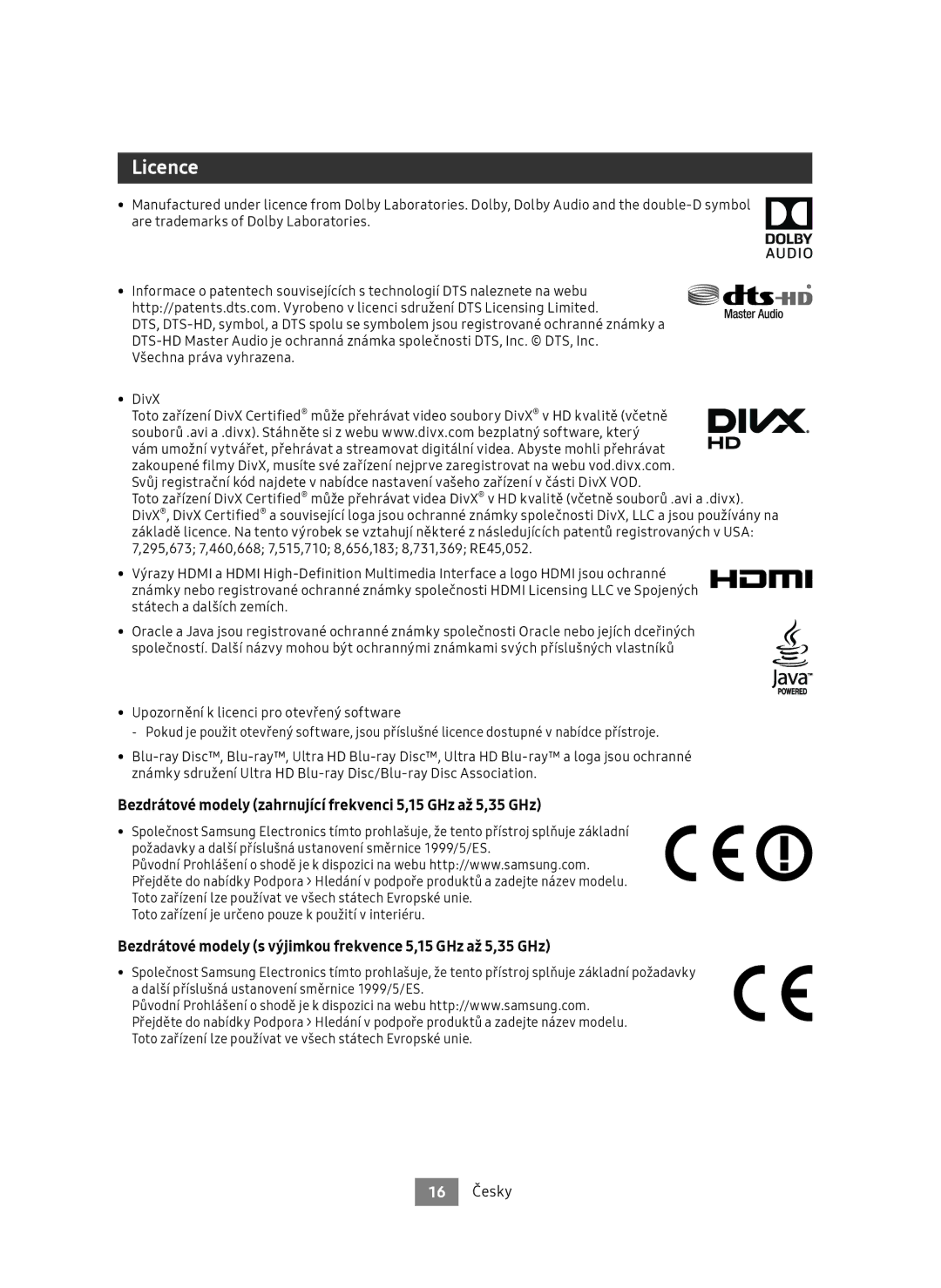 Samsung UBD-M9500/ZG, UBD-M9500/EN manual Licence, Bezdrátové modely zahrnující frekvenci 5,15 GHz až 5,35 GHz, 16 Česky 