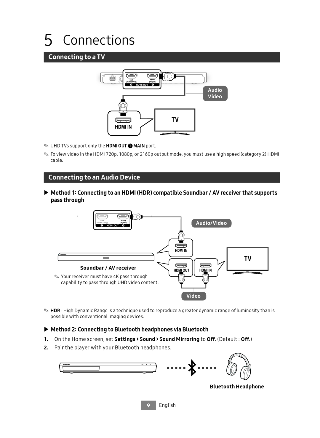 Samsung UBD-M9500/ZG, UBD-M9500/EN manual Connections, Connecting to a TV, Connecting to an Audio Device 