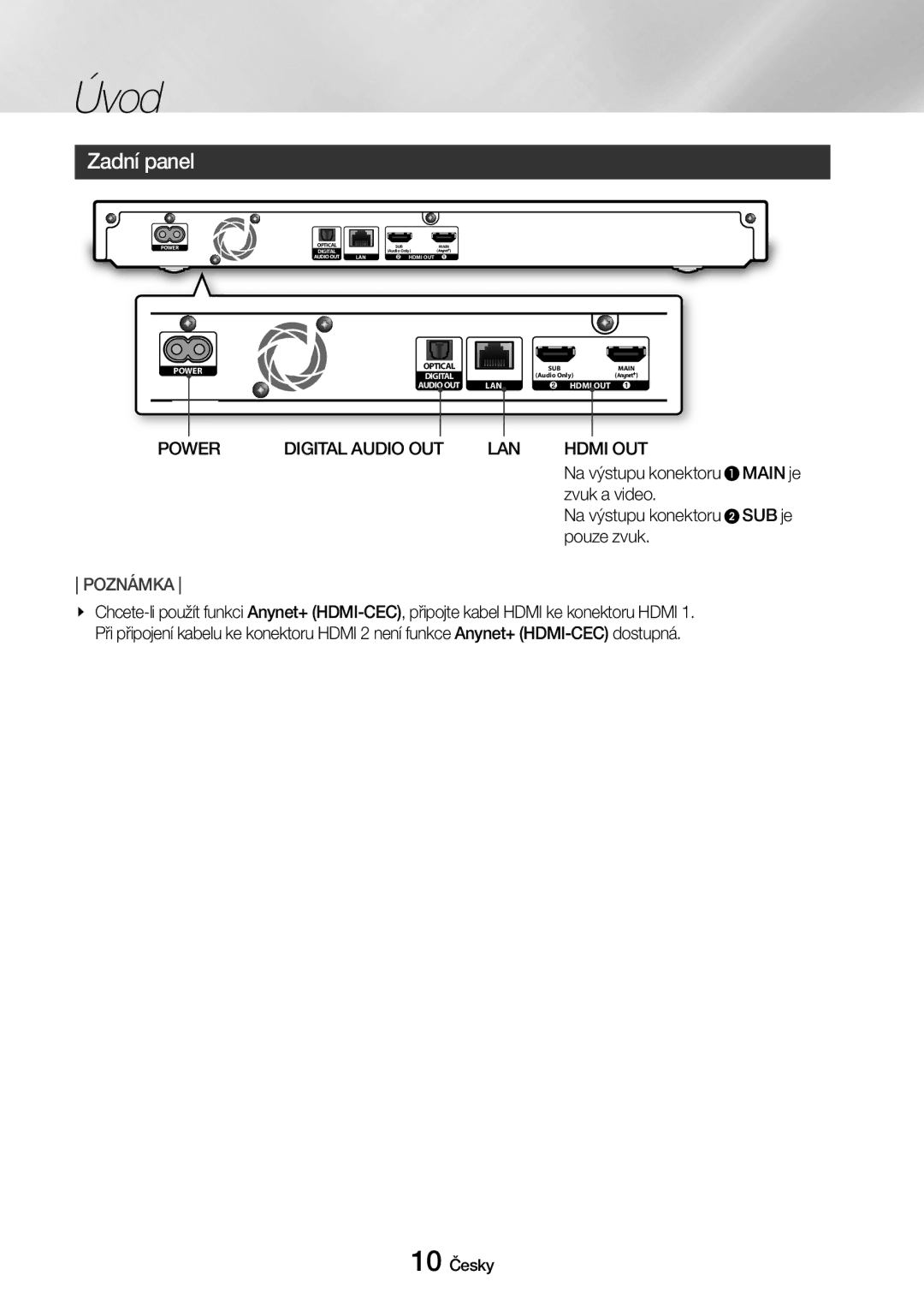 Samsung UBD-M9500/EN manual Zadní panel, Power, LAN Hdmi OUT, Zvuk a video, Pouze zvuk 