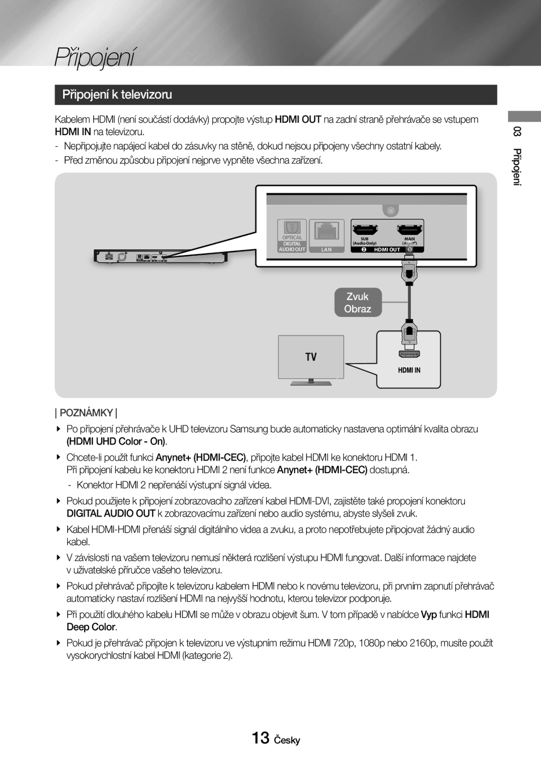 Samsung UBD-M9500/EN manual Připojení k televizoru, 03 Připojení 13 Česky 