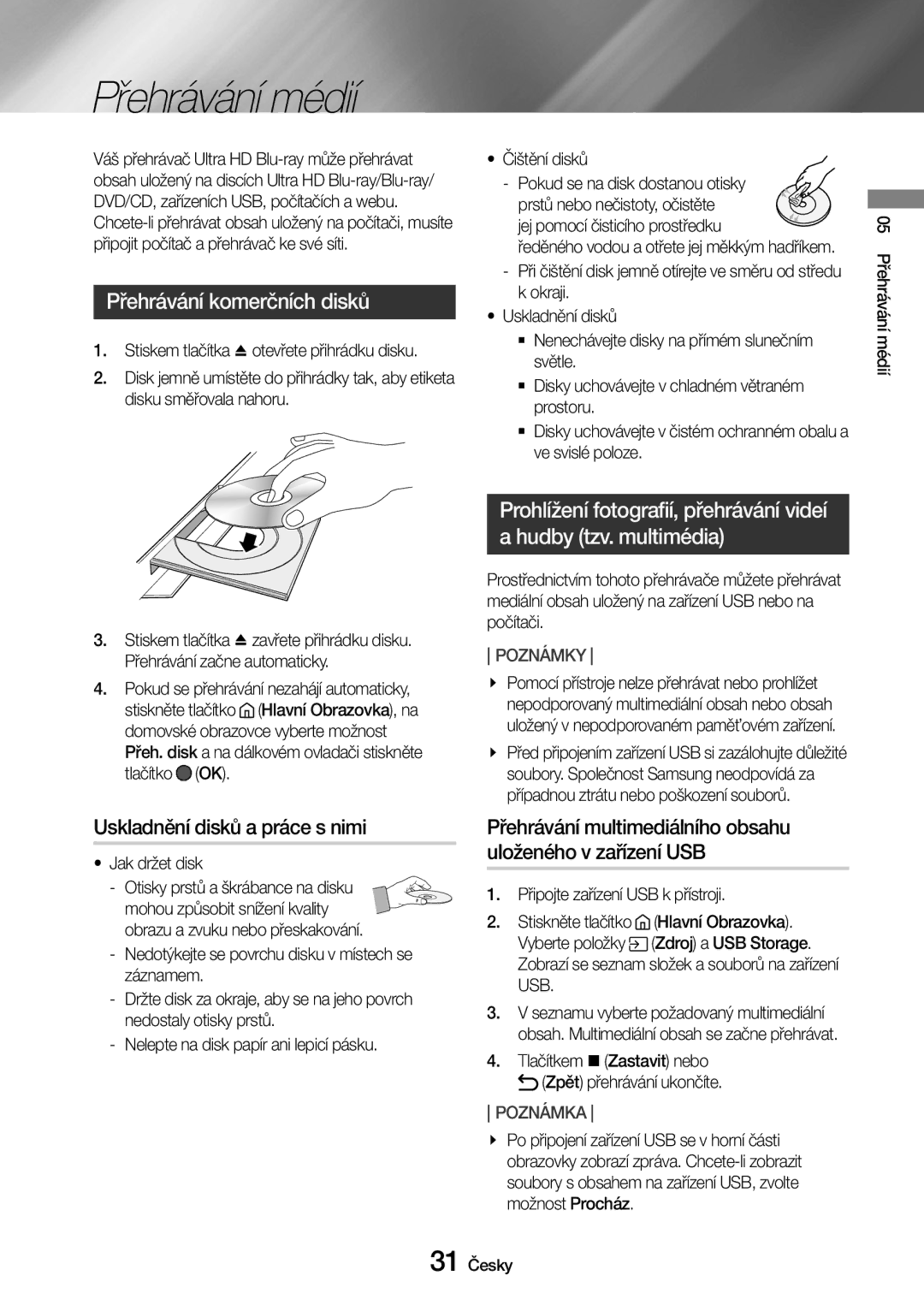 Samsung UBD-M9500/EN manual Přehrávání médií, Přehrávání komerčních disků, Uskladnění disků a práce s nimi 