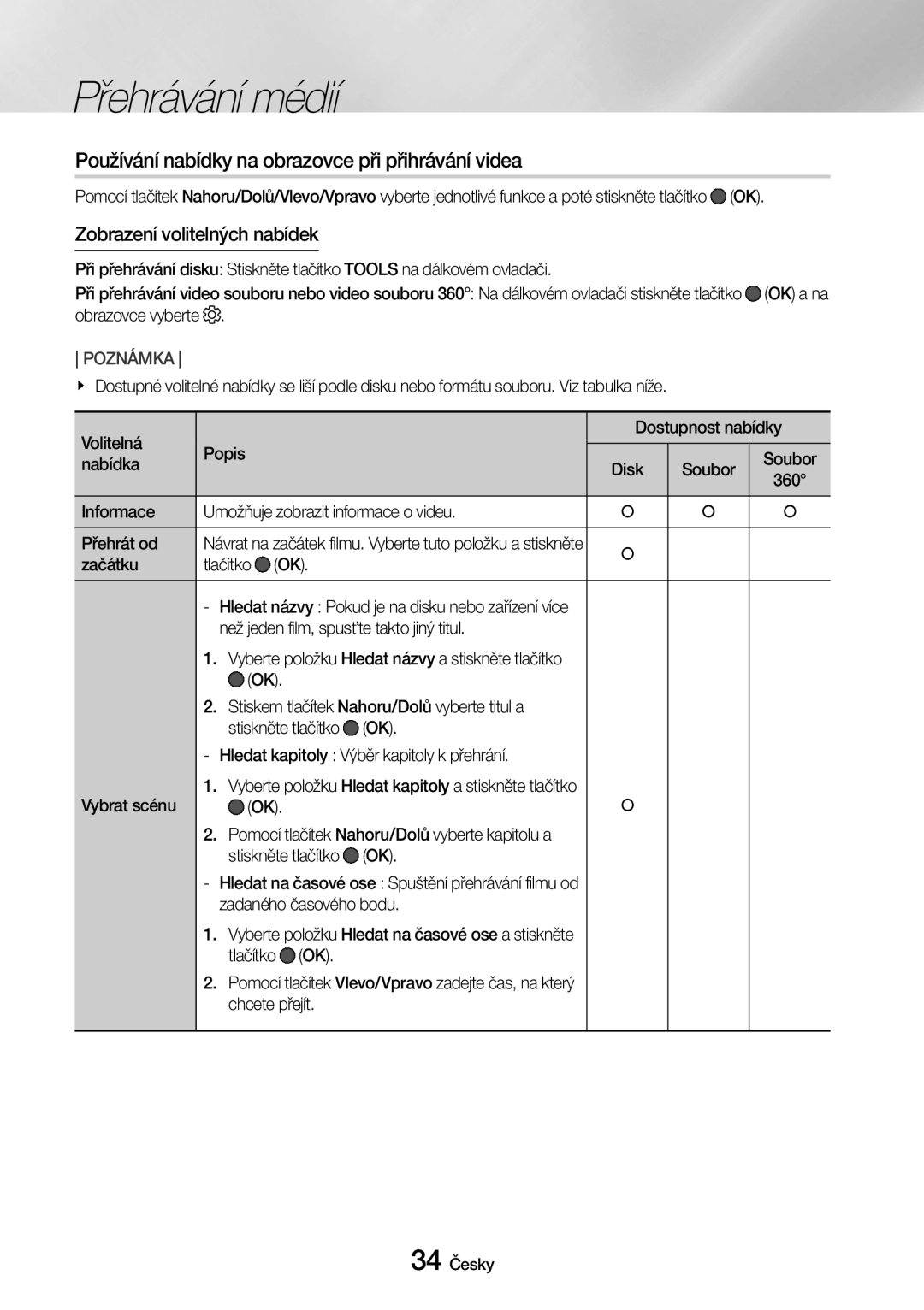 Samsung UBD-M9500/EN manual Používání nabídky na obrazovce při přihrávání videa, Zobrazení volitelných nabídek 