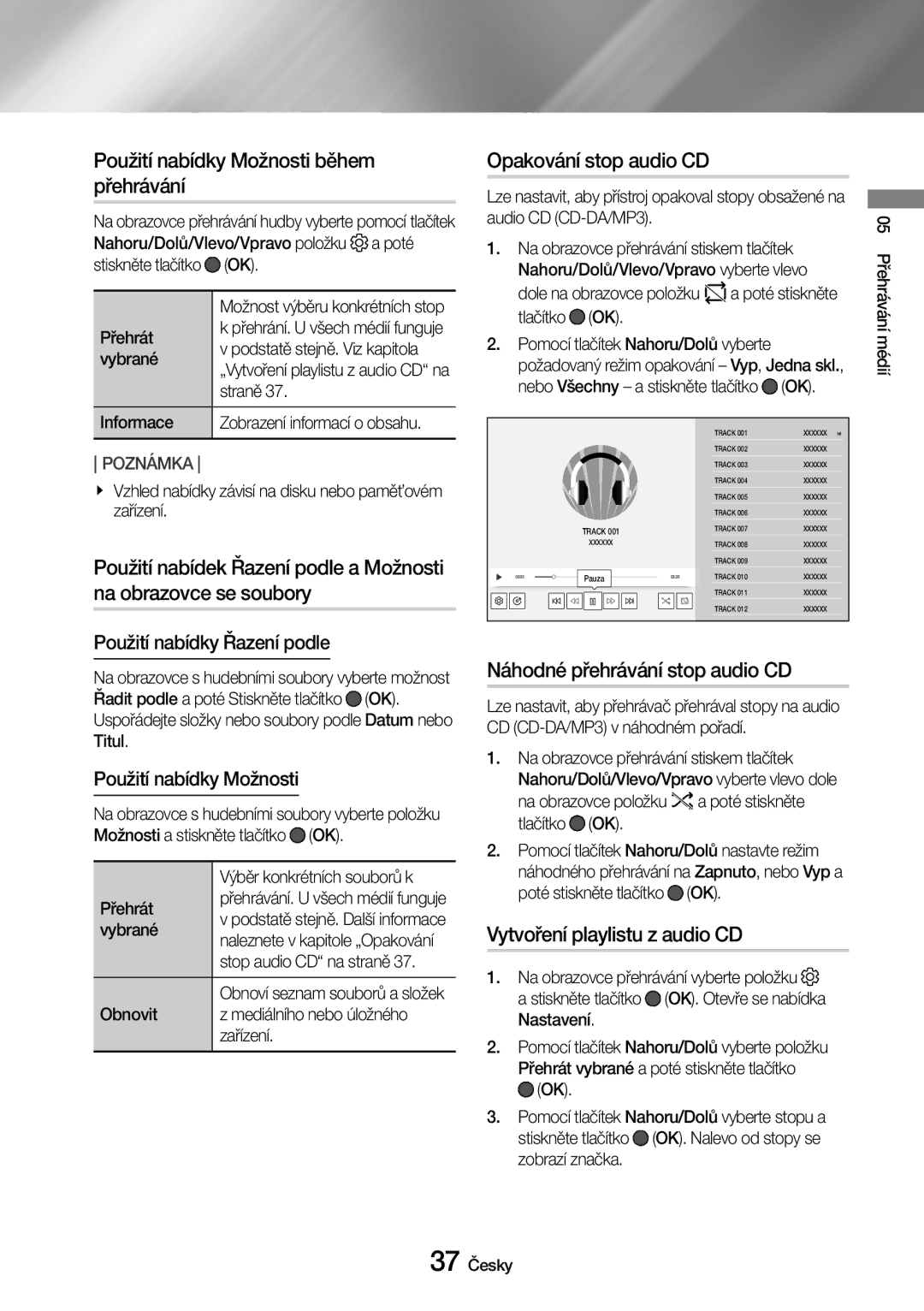 Samsung UBD-M9500/EN Použití nabídky Možnosti během přehrávání, Opakování stop audio CD, Náhodné přehrávání stop audio CD 