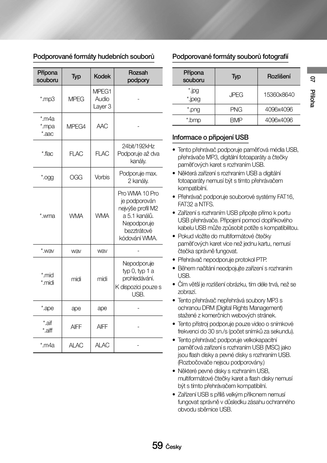 Samsung UBD-M9500/EN manual Podporované formáty hudebních souborů, Podporované formáty souborů fotografií, Midi, Bmp 