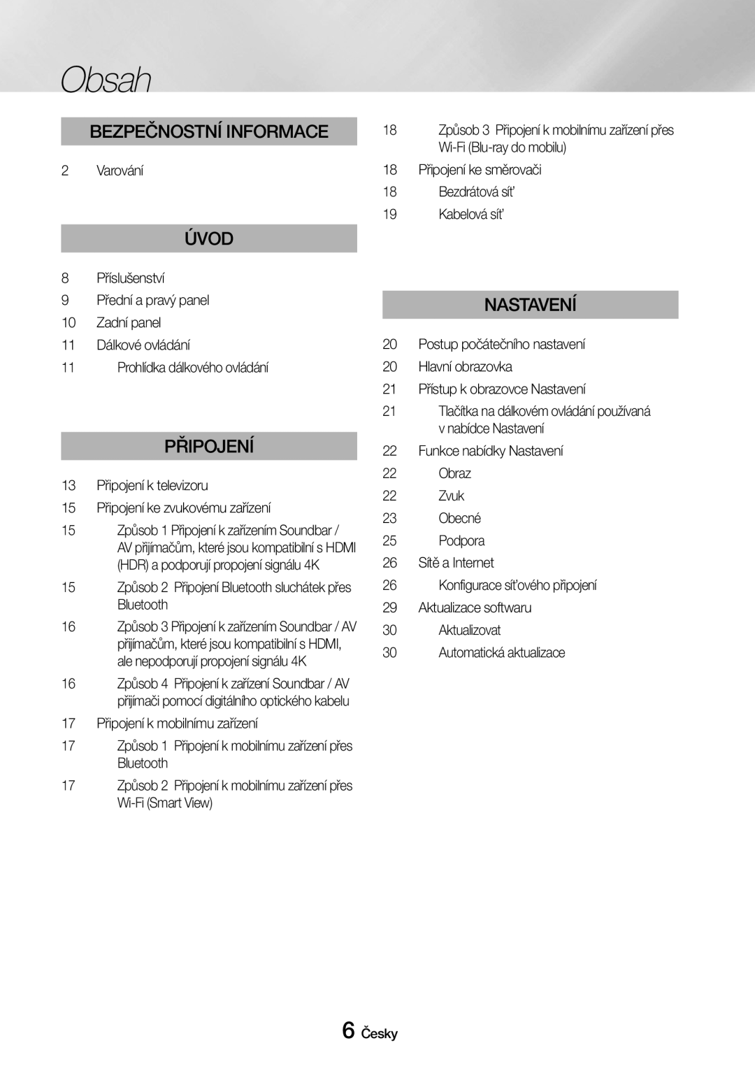 Samsung UBD-M9500/EN manual Obsah, Varování, 15 Způsob 2 Připojení Bluetooth sluchátek přes Bluetooth 