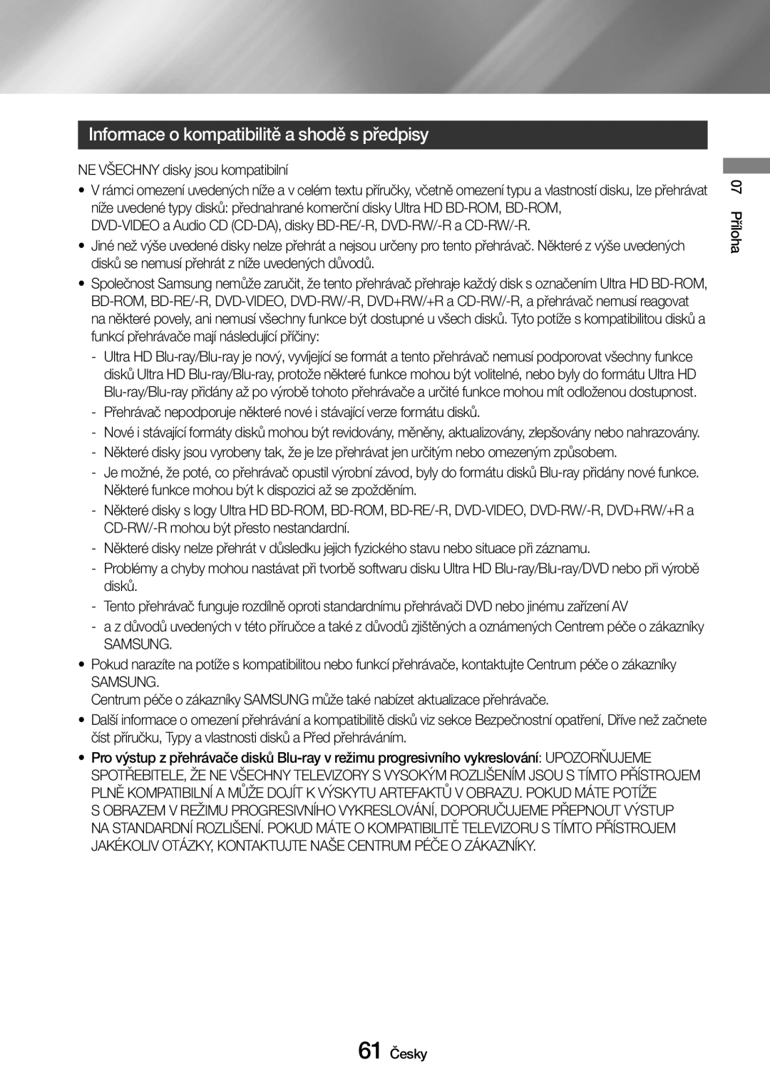 Samsung UBD-M9500/EN manual Informace o kompatibilitě a shodě s předpisy, NE Všechny disky jsou kompatibilní, Samsung 