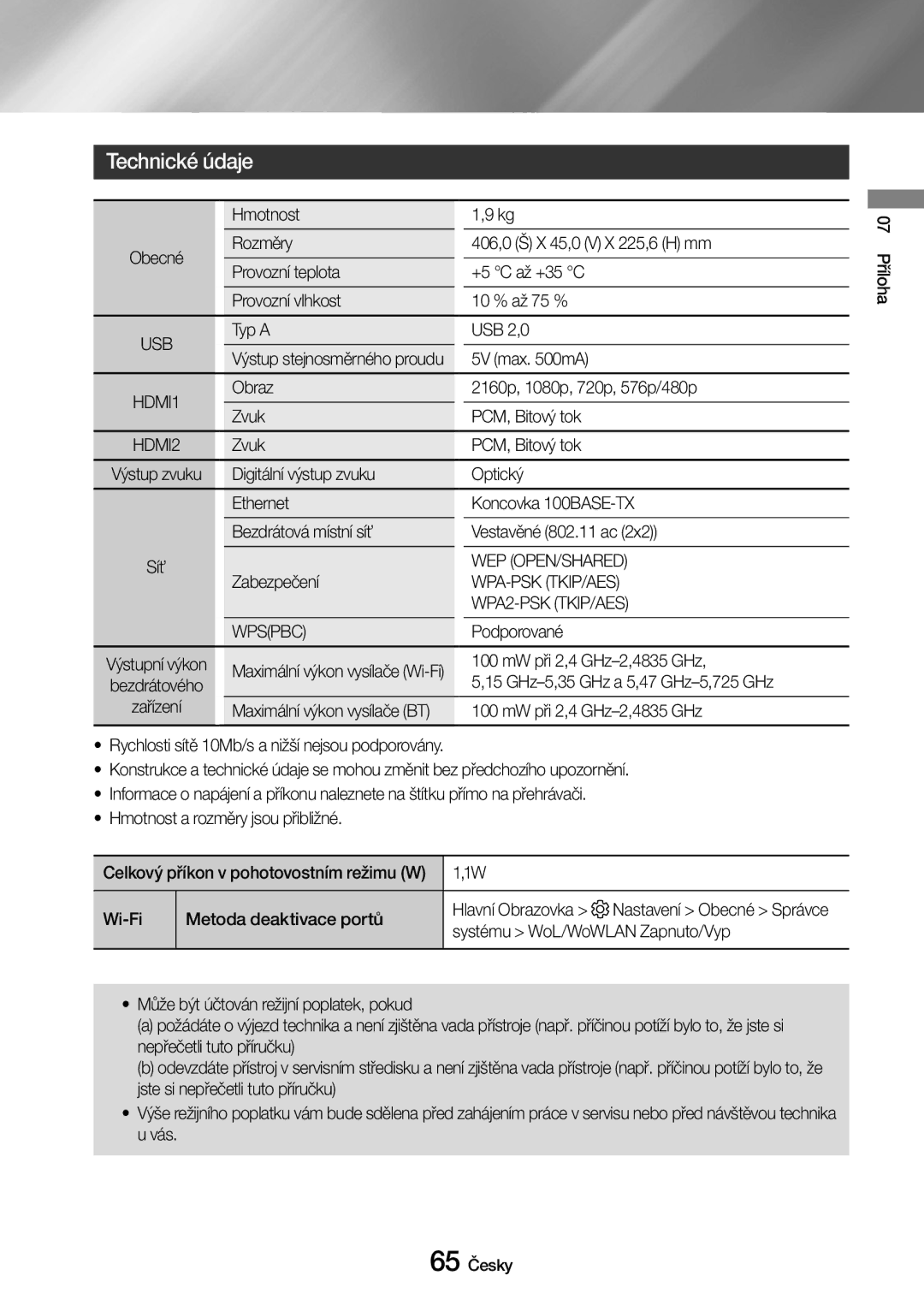 Samsung UBD-M9500/EN manual Technické údaje, Wep Open/Shared, Wpa-Psk Tkip/Aes, WPA2-PSK TKIP/AES, Wpspbc 