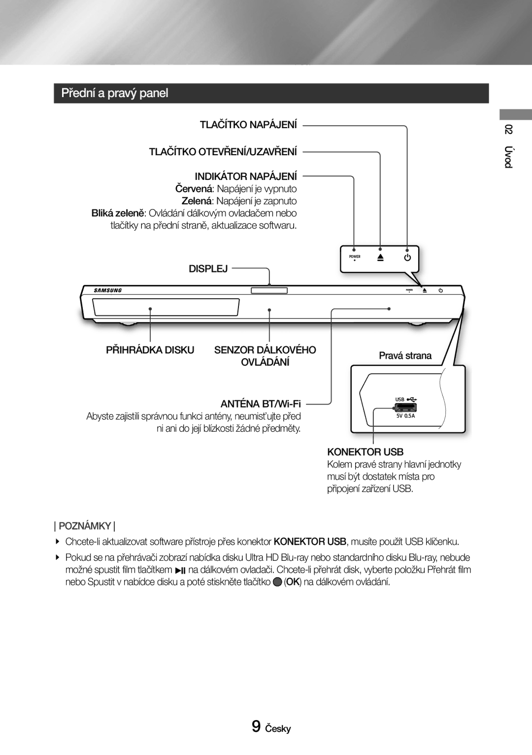 Samsung UBD-M9500/EN manual Přední a pravý panel, Tlačítko Napájení Tlačítko OTEVŘENÍ/UZAVŘENÍ, Displej, Konektor USB 