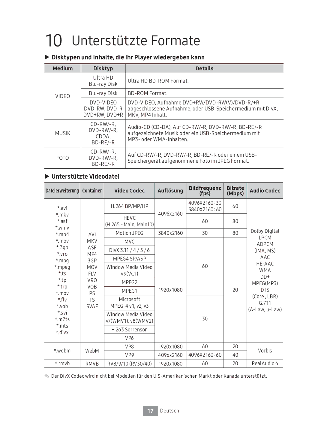 Samsung UBD-M9500/EN Unterstützte Formate, Disktypen und Inhalte, die Ihr Player wiedergeben kann, Unterstützte Videodatei 