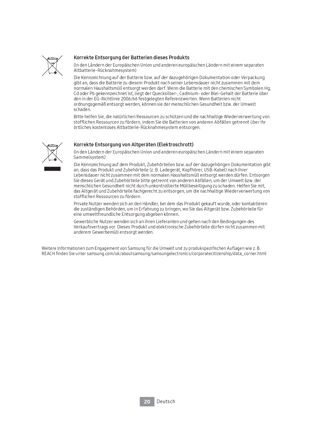 Samsung UBD-M9500/EN Korrekte Entsorgung der Batterien dieses Produkts, Korrekte Entsorgung von Altgeräten Elektroschrott 