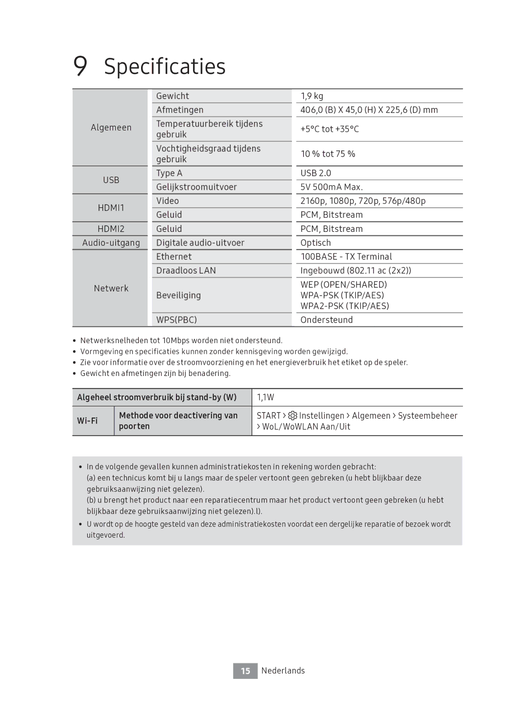 Samsung UBD-M9500/EN manual Specificaties, Wi-Fi, Start Instellingen Algemeen Systeembeheer, Poorten WoL/WoWLAN Aan/Uit 