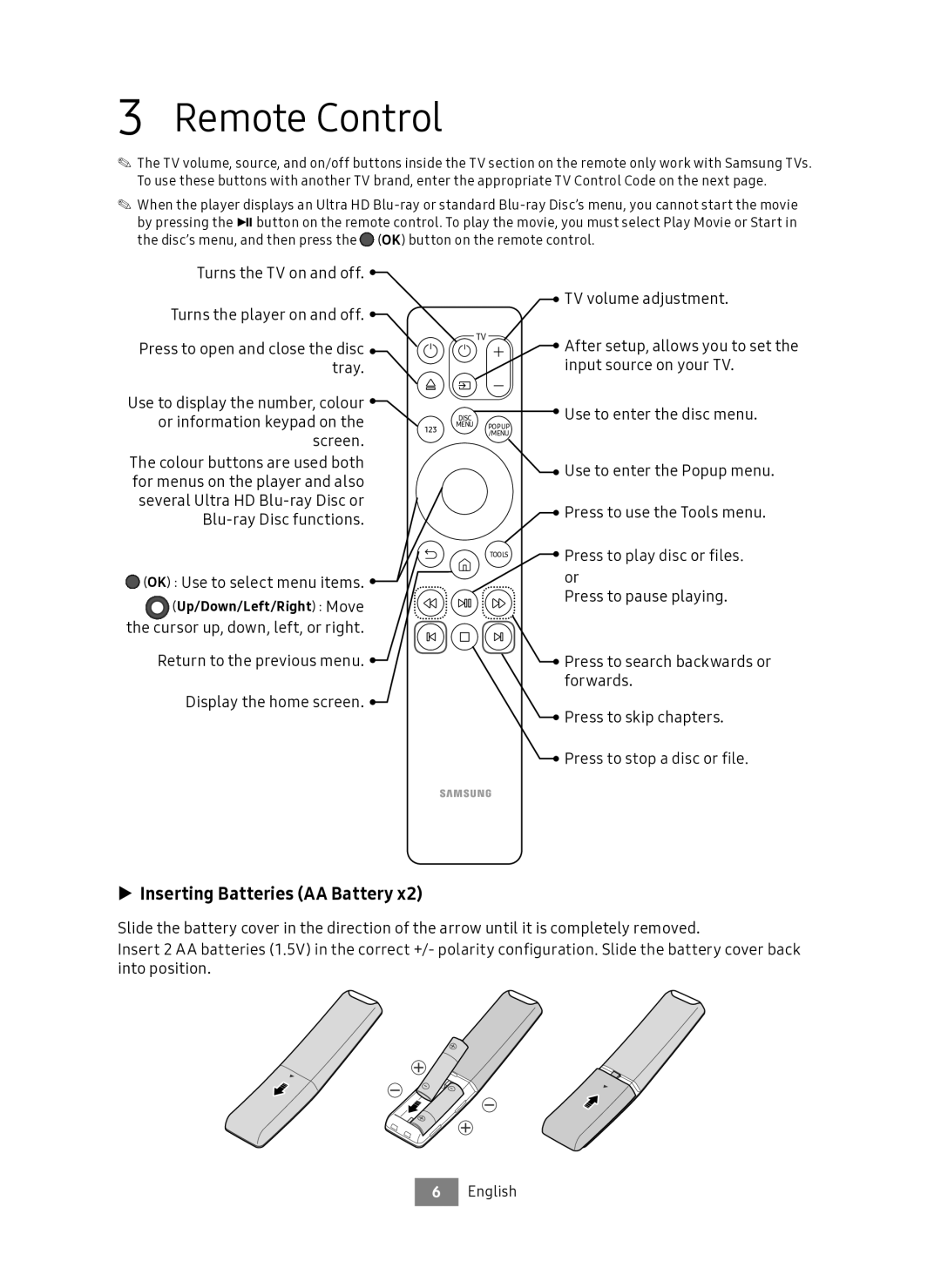 Samsung UBD-M9500/EN manual Remote Control, Inserting Batteries AA Battery, Disc Use to enter the disc menu 