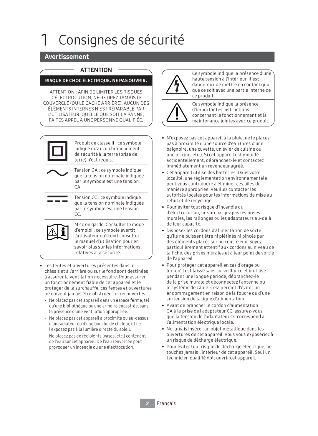 Samsung UBD-M9500/EN manual Consignes de sécurité, Avertissement 