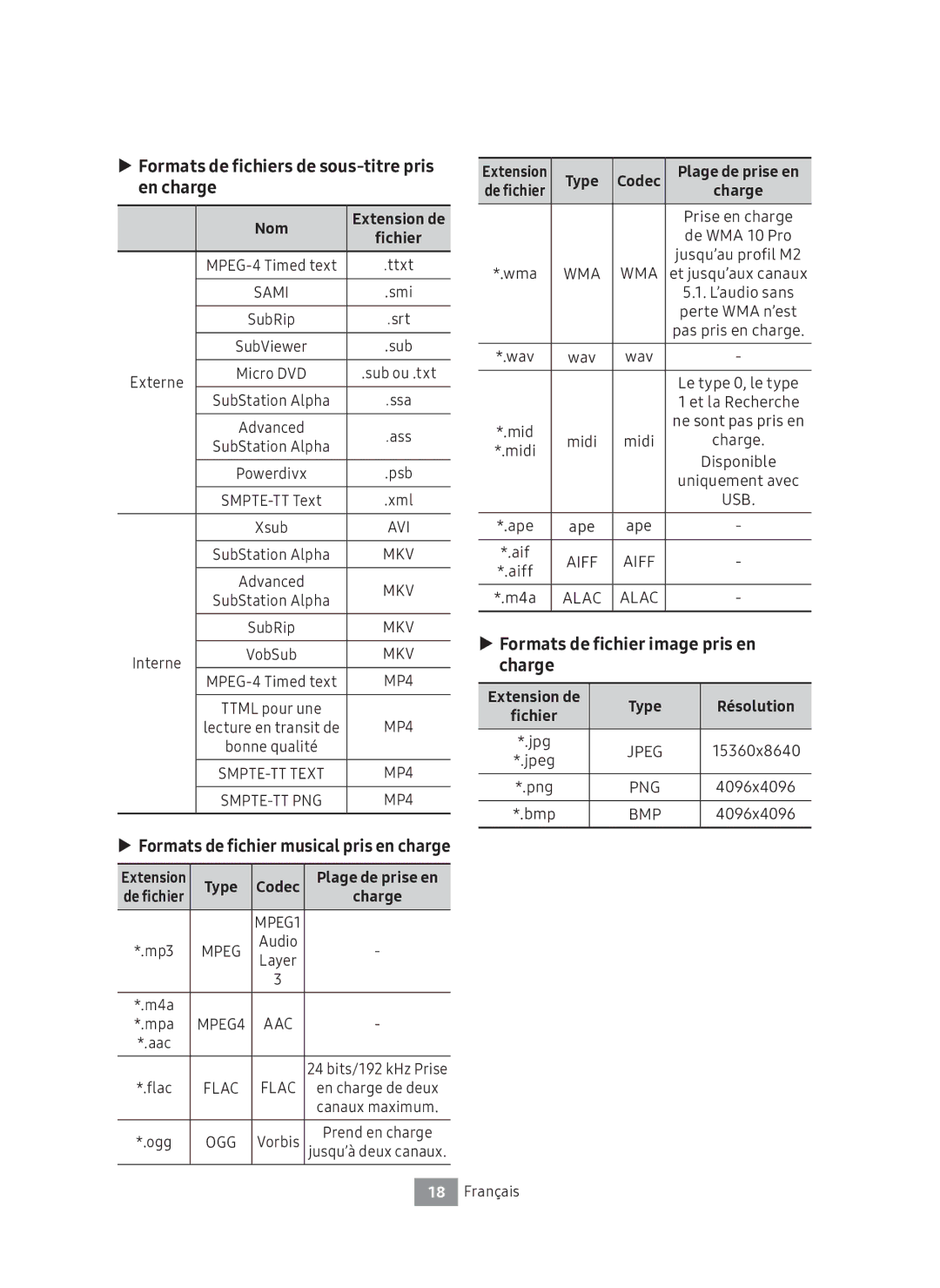 Samsung UBD-M9500/EN manual Formats de fichiers de sous-titre pris en charge, Formats de fichier image pris en charge, Nom 