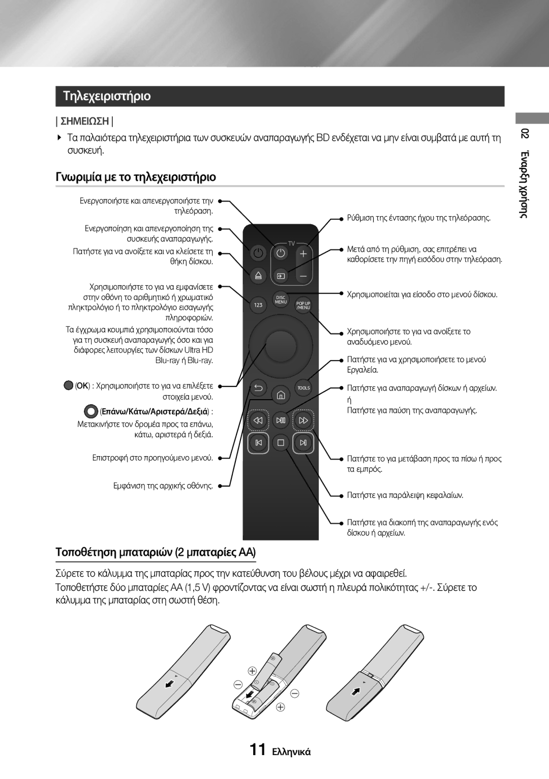 Samsung UBD-M9500/EN manual Τηλεχειριστήριο, Γνωριμία με το τηλεχειριστήριο, Τοποθέτηση μπαταριών 2 μπαταρίες AA 