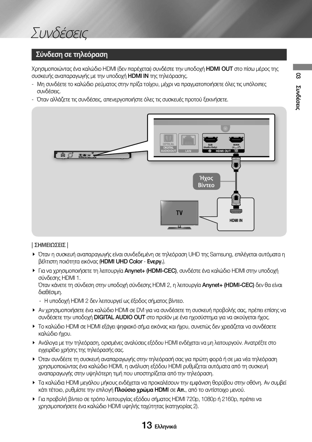 Samsung UBD-M9500/EN manual Σύνδεση σε τηλεόραση, 03 Συνδέσεις 