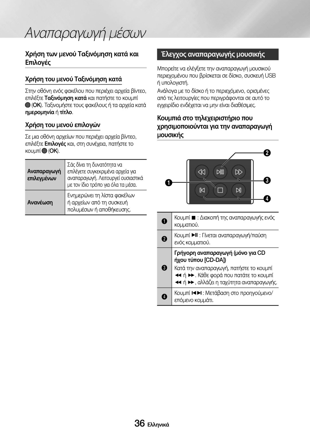 Samsung UBD-M9500/EN Χρήση των μενού Ταξινόμηση κατά και Επιλογές, Έλεγχος αναπαραγωγής μουσικής, Χρήση του μενού επιλογών 