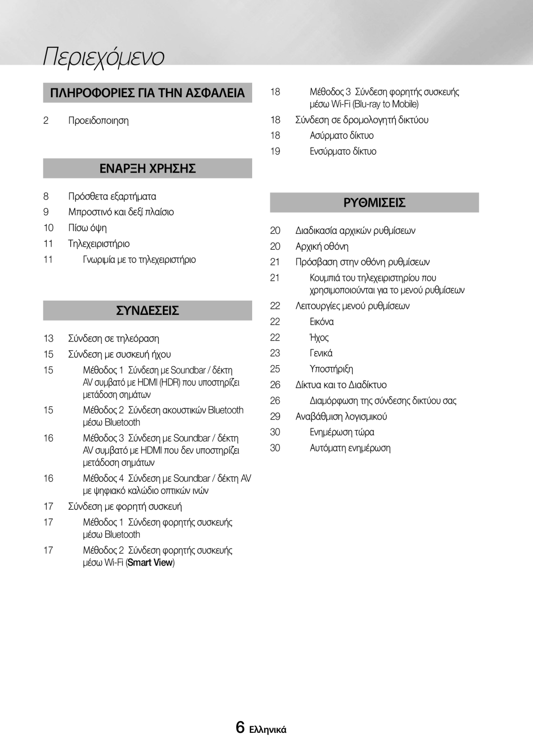 Samsung UBD-M9500/EN manual Περιεχόμενο, Προειδοποιηση, 13 Σύνδεση σε τηλεόραση 15 Σύνδεση με συσκευή ήχου 