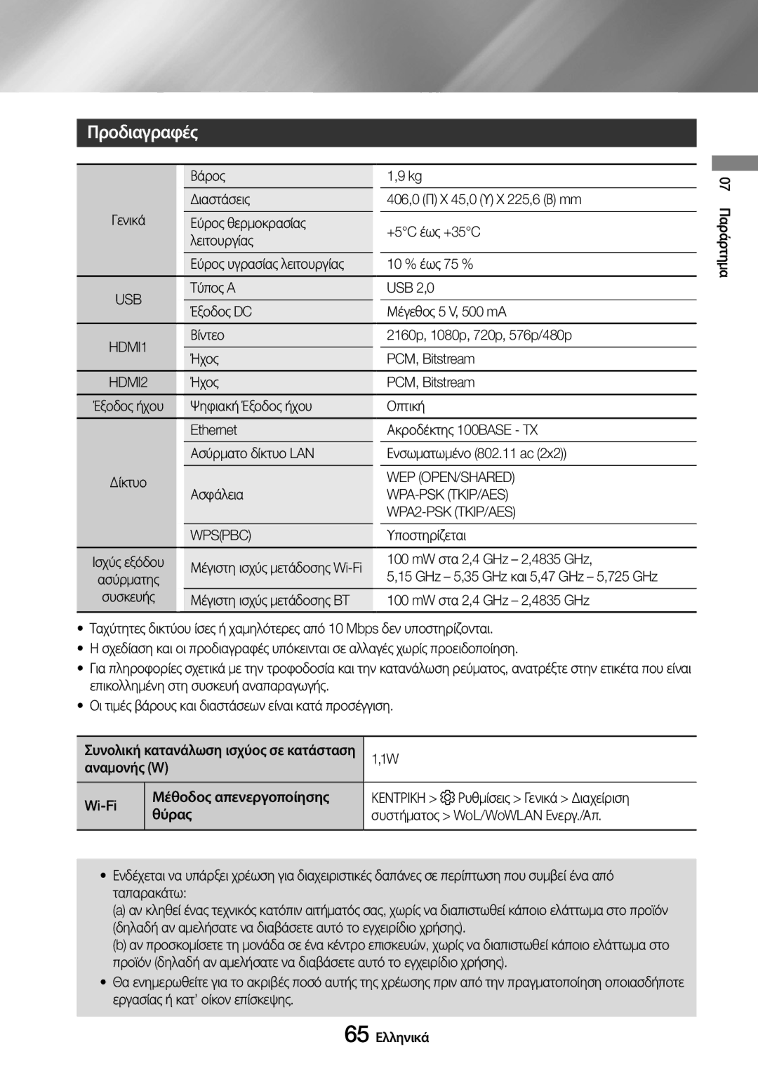 Samsung UBD-M9500/EN manual Προδιαγραφές, Usb, Wep Open/Shared, Wpa-Psk Tkip/Aes, Wpspbc 