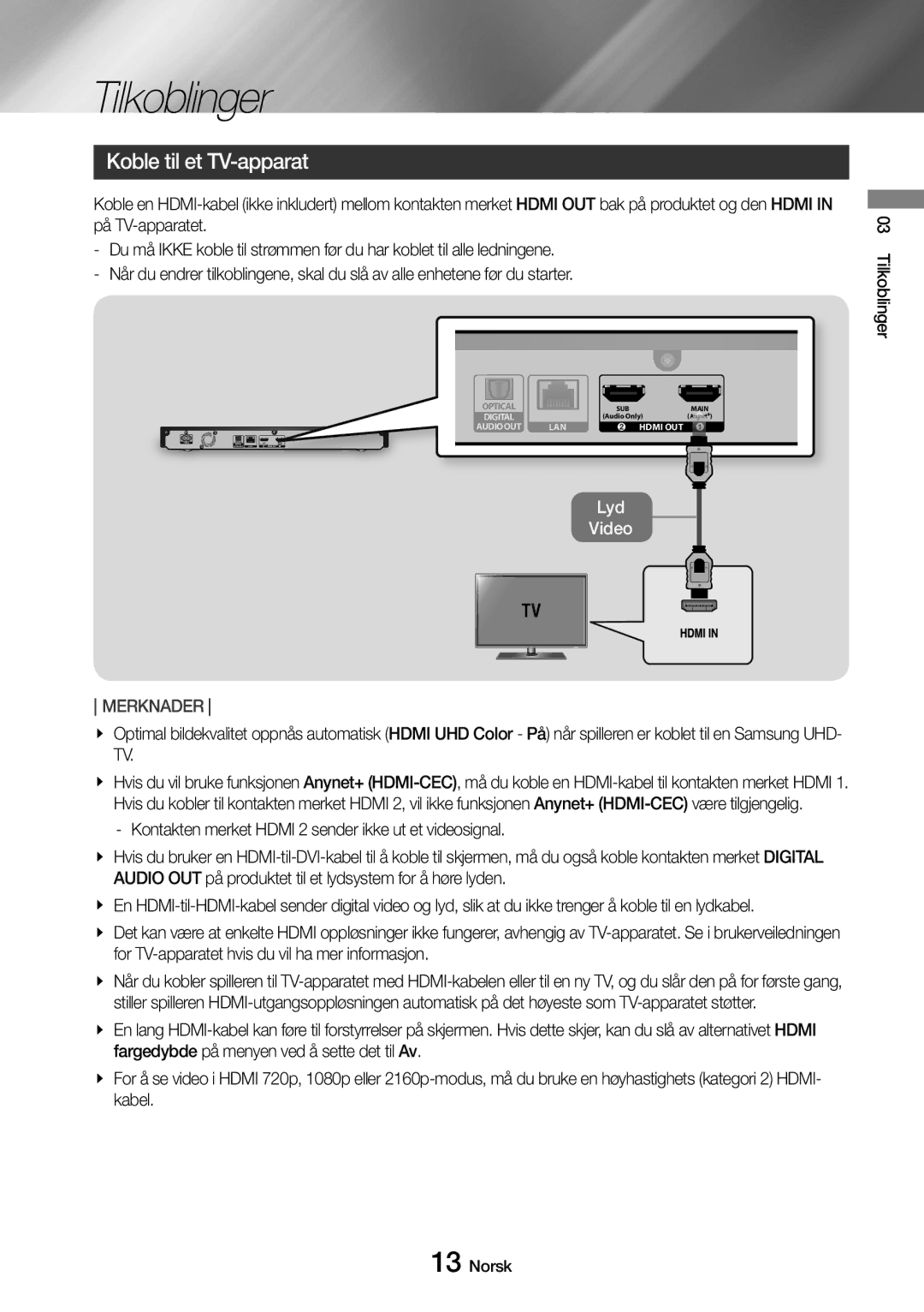 Samsung UBD-M9500/XE manual Koble til et TV-apparat, Tilkoblinger Norsk 