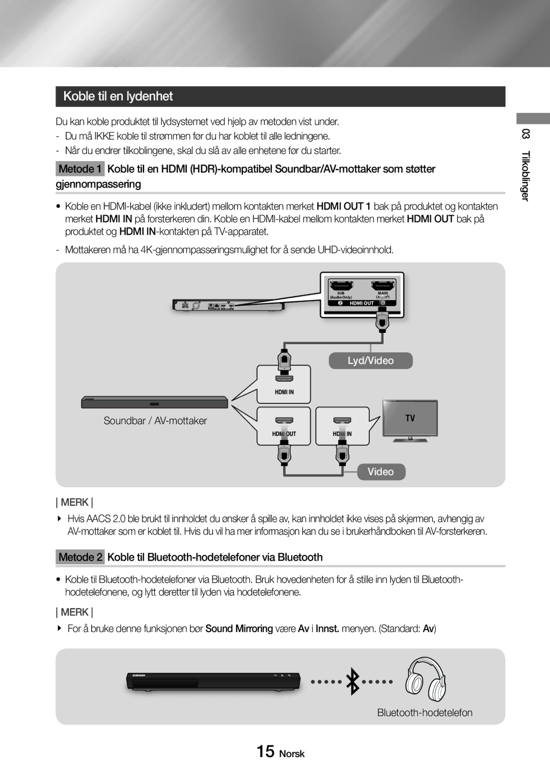 Samsung UBD-M9500/XE manual Koble til en lydenhet, Soundbar / AV-mottaker 