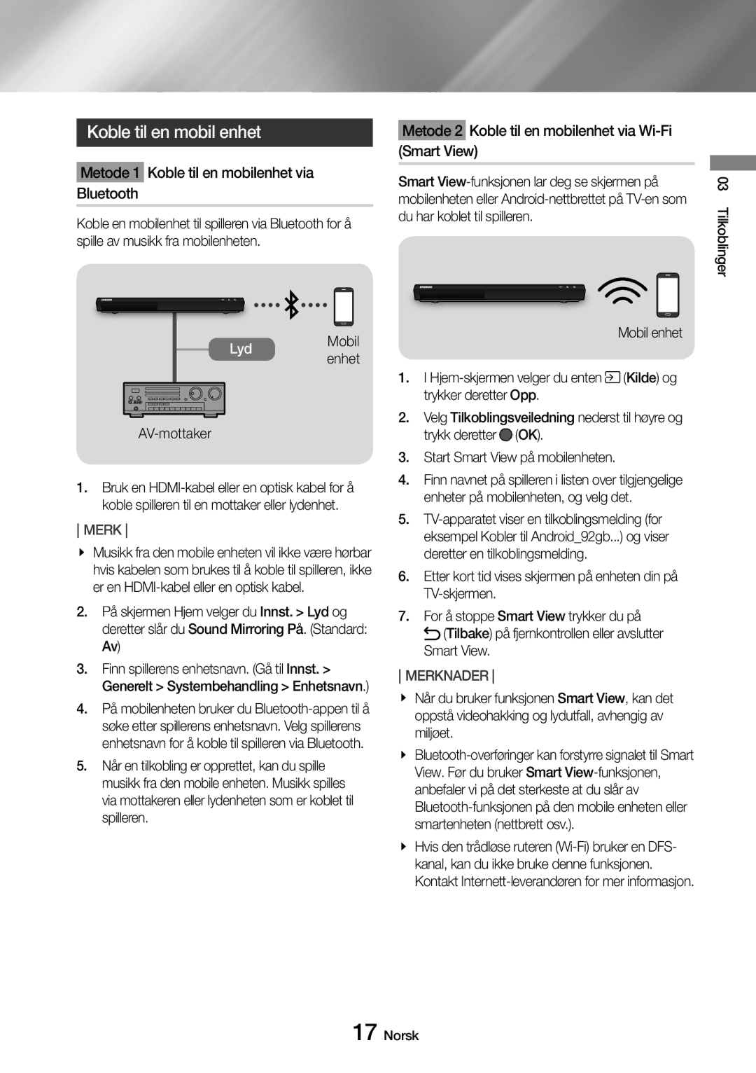 Samsung UBD-M9500/XE manual Koble til en mobil enhet, Mobil, AV-mottaker 