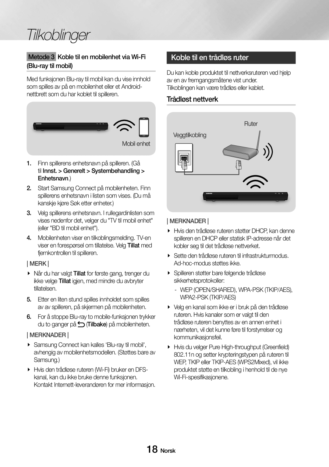 Samsung UBD-M9500/XE manual Koble til en trådløs ruter, Trådløst nettverk, Tilkoblingen kan være trådløs eller kablet 