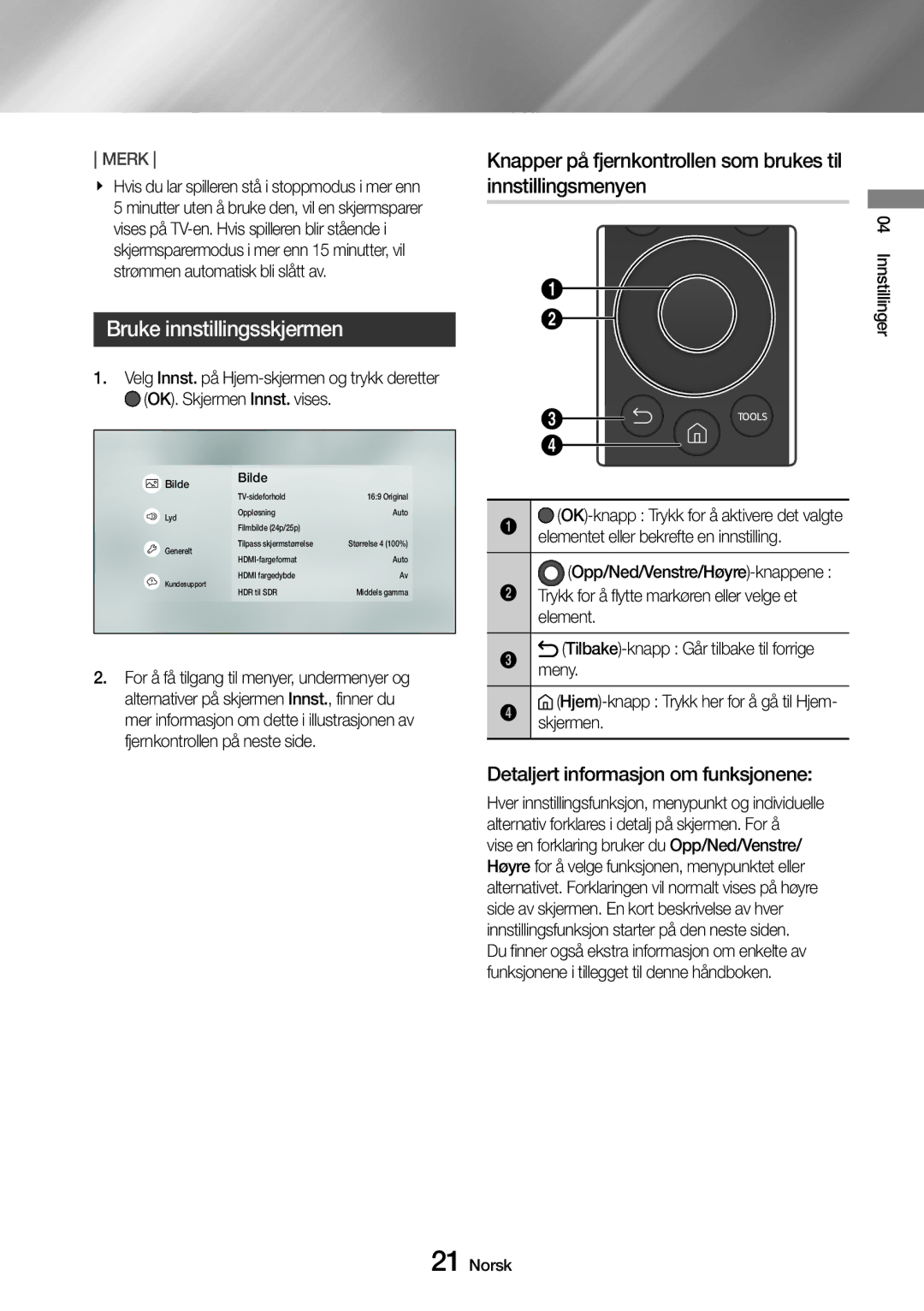 Samsung UBD-M9500/XE manual Bruke innstillingsskjermen, Detaljert informasjon om funksjonene, Skjermen, Innstillinger Norsk 