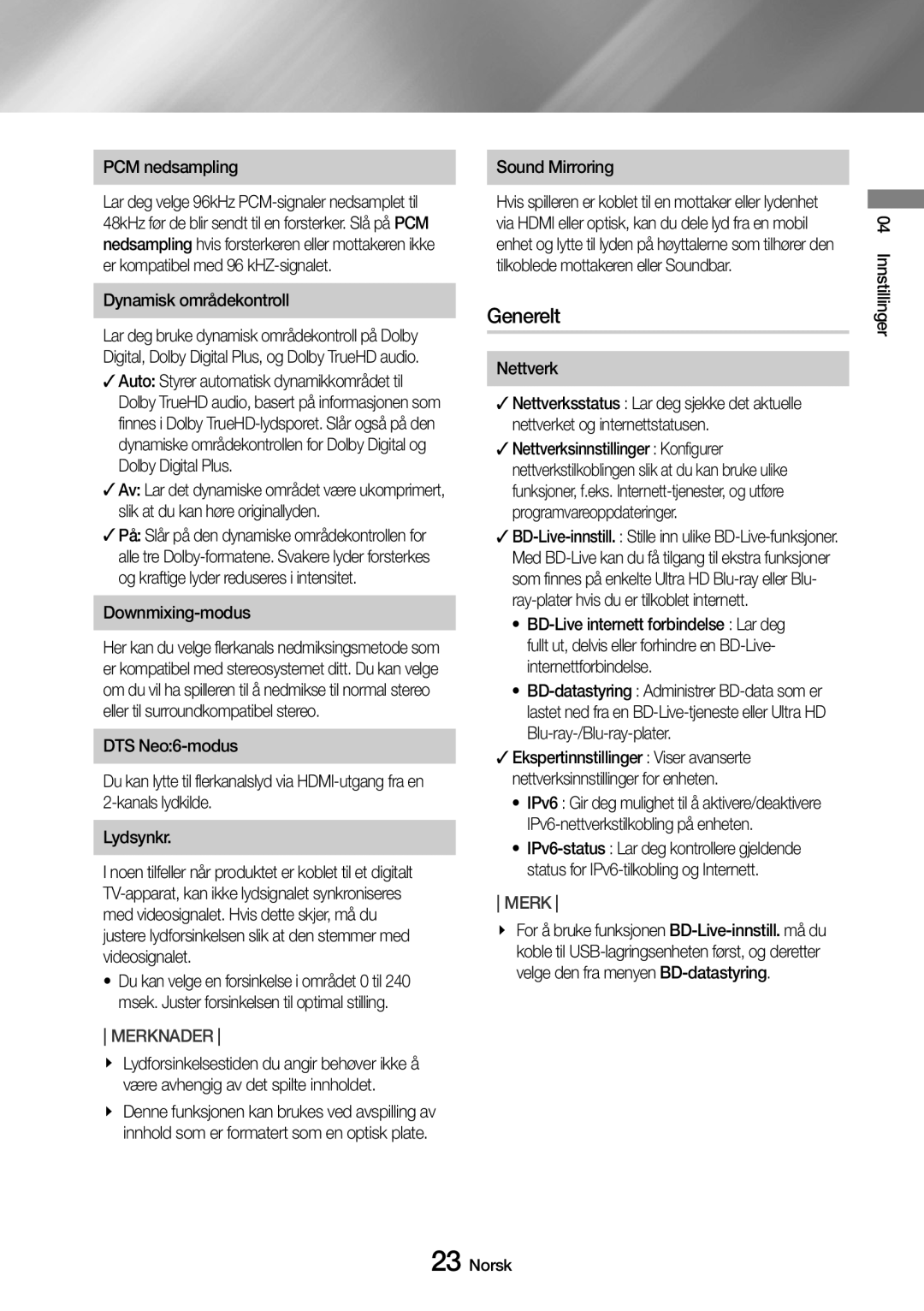 Samsung UBD-M9500/XE manual Generelt, PCM nedsampling, Dynamisk områdekontroll, Downmixing-modus, Sound Mirroring 