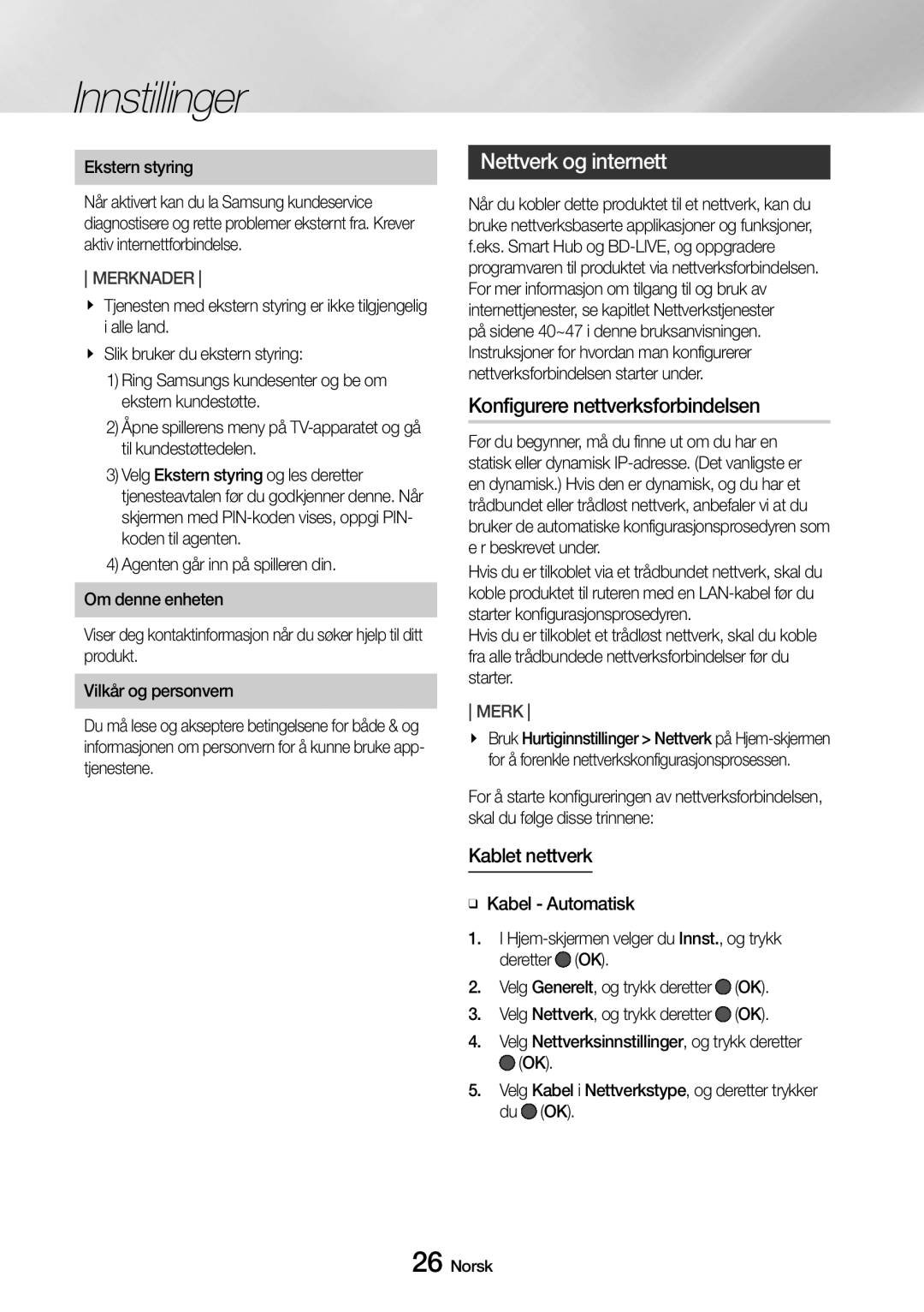 Samsung UBD-M9500/XE manual Nettverk og internett, Konfigurere nettverksforbindelsen, Kablet nettverk, Ekstern styring 