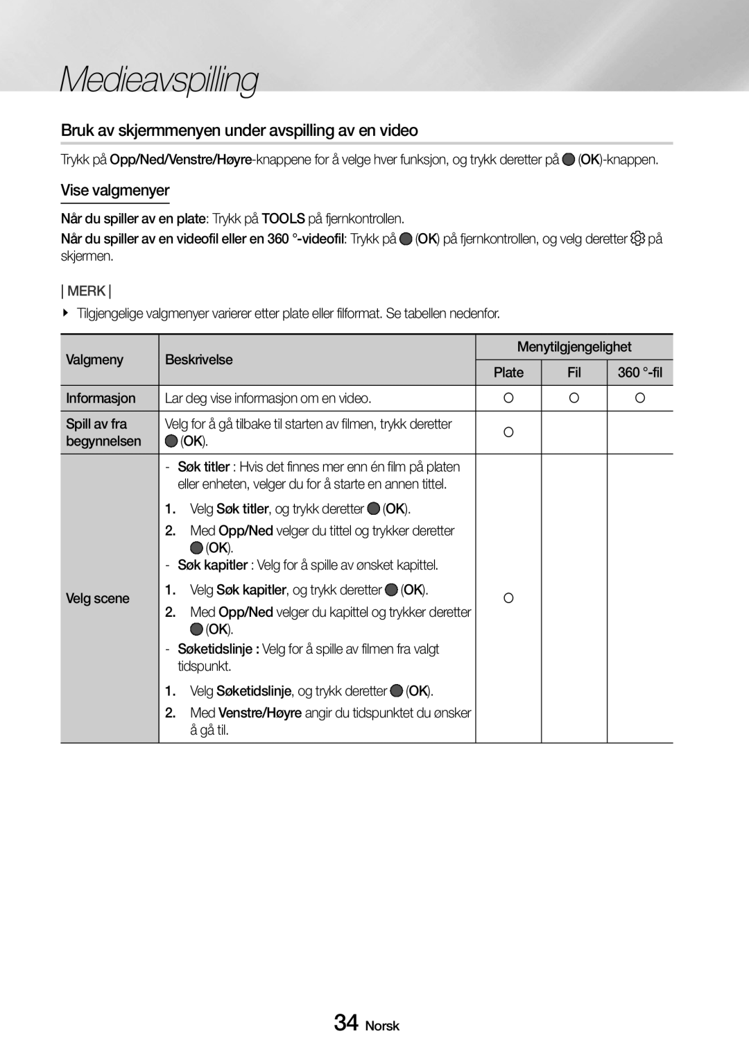 Samsung UBD-M9500/XE manual Bruk av skjermmenyen under avspilling av en video, Vise valgmenyer 