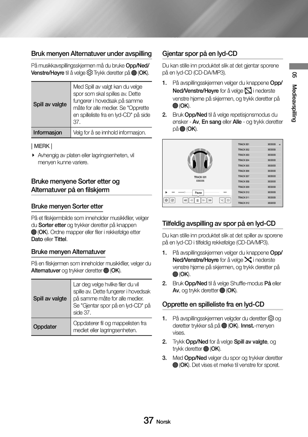 Samsung UBD-M9500/XE manual Bruke menyene Sorter etter og Alternatuver på en filskjerm, Gjentar spor på en lyd-CD 