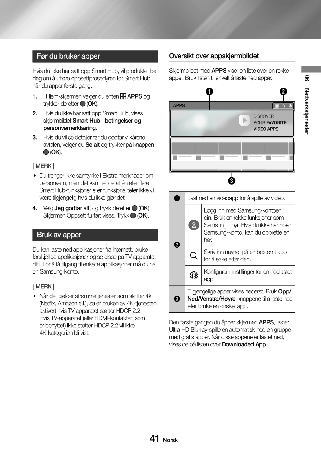 Samsung UBD-M9500/XE manual Før du bruker apper, Oversikt over appskjermbildet, Bruk av apper 